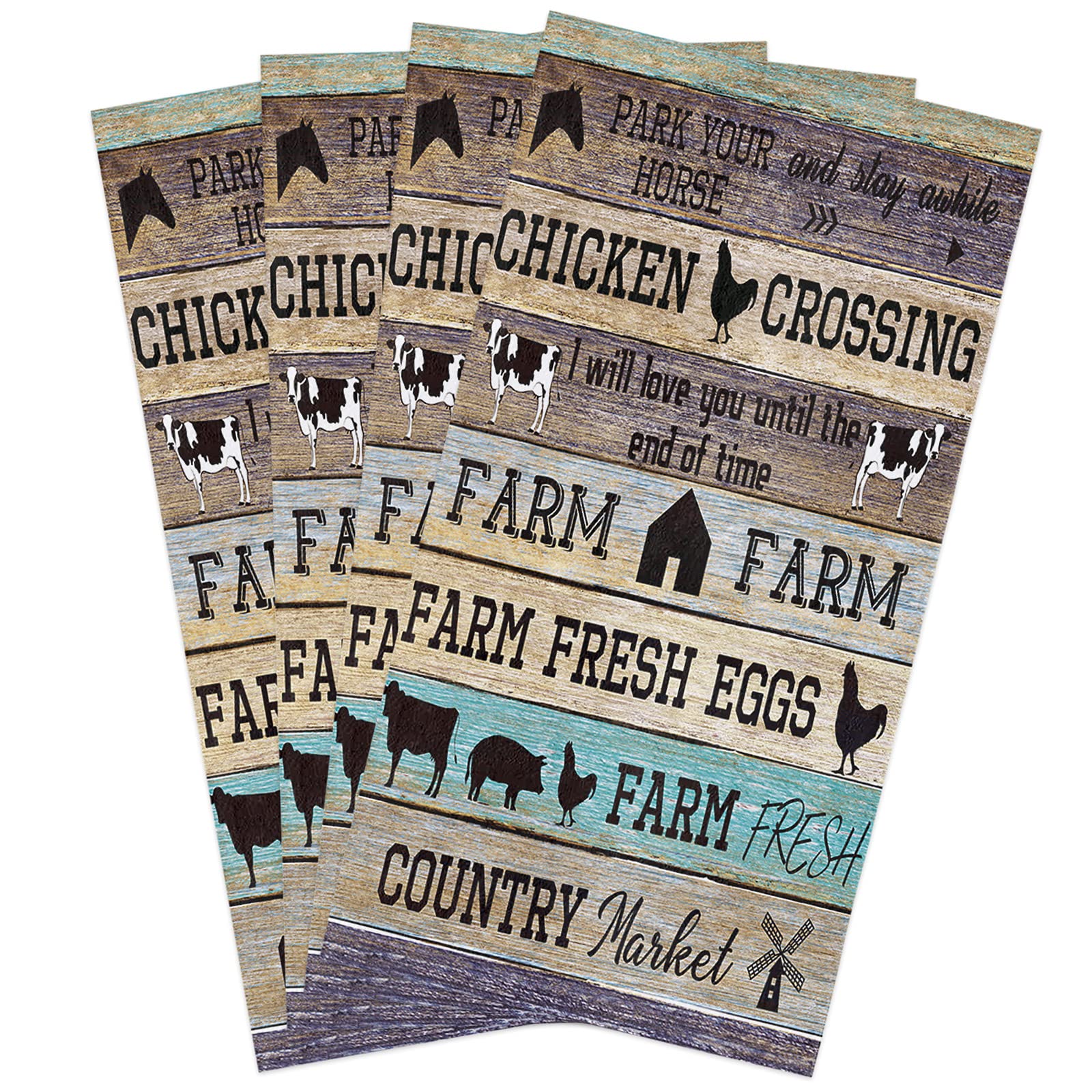 Farmhouse Kitchen Towels Set of 4 - 16x28 Inch Cotton Dish Cloths, Tea Towels & Hand Towels with Barn Animal & Fresh Eggs Design - Soft & Absorbent for Kitchen, Bar, Dining & Farmhouse Decor