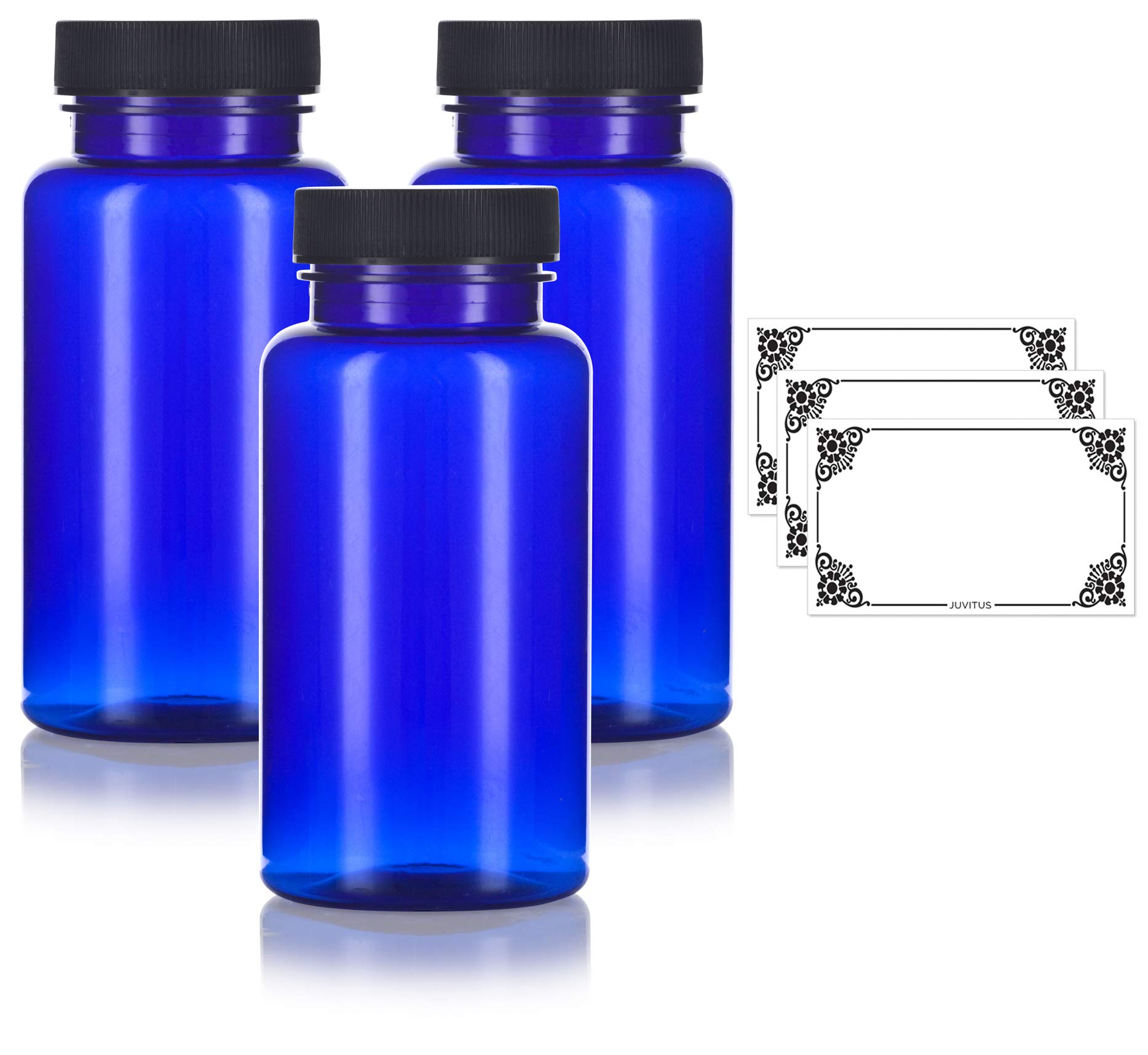 JUVITUS 5 oz Cobalt Blue Plastic PET Bottles with Black Ribbed Lids (3-Pack) - Leak-Proof Travel Containers for Essential Oils, Lotions & DIY Crafts - Includes Free Labels