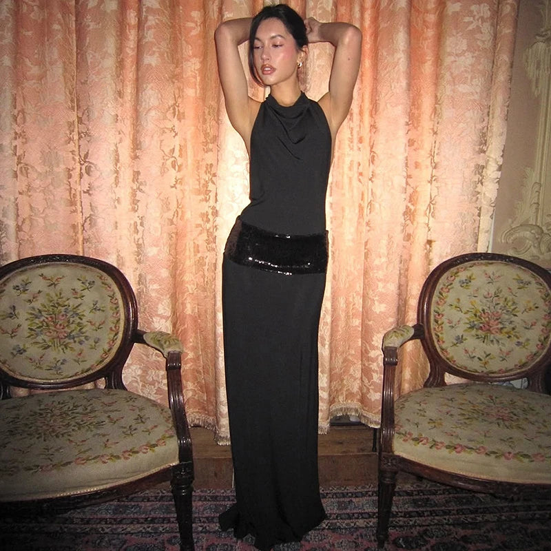 Elegant Black Halter Backless Glitter Maxi Dress for Women - High Waist Sleeveless Long Gown for Evening Party, Prom, Wedding Guest & Special Occasions