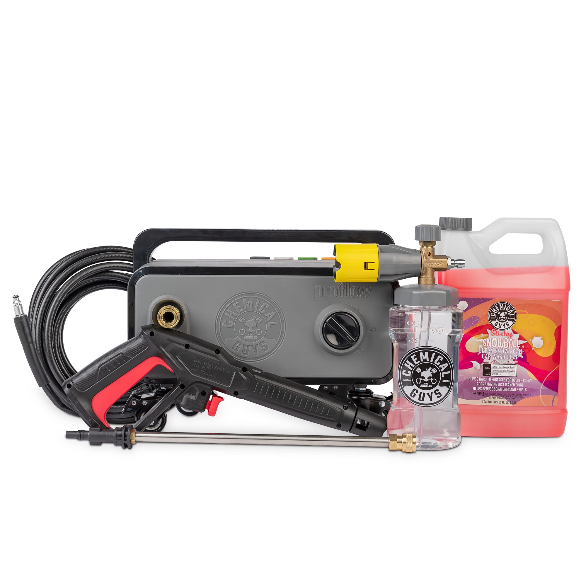 Chemical Guys CWS215PW ProFoam 3-Piece Car Wash Starter Kit with EQP408 Electric Pressure Washer, Big Mouth Foam Cannon & 1 Gallon Sticky Snowball SnowFoam Soap - Perfect for Home Car Detailing, Driveway Cleaning & Vehicle Maintenance