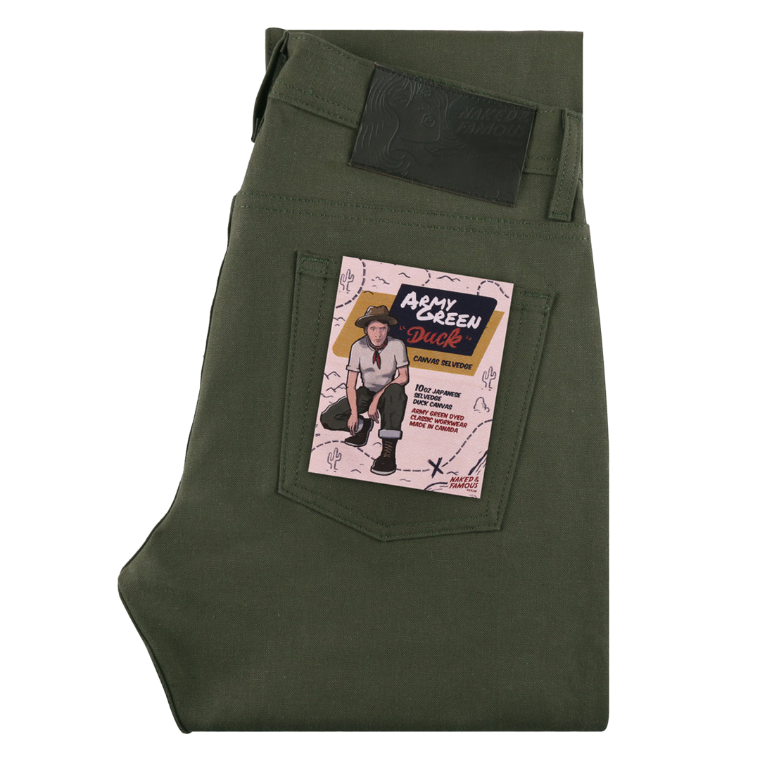 Naked & Famous Army Green Duck Canvas Selvedge Denim Jeans for Men - True Guy Fit, Durable Workwear & Casual Style for Everyday Wear