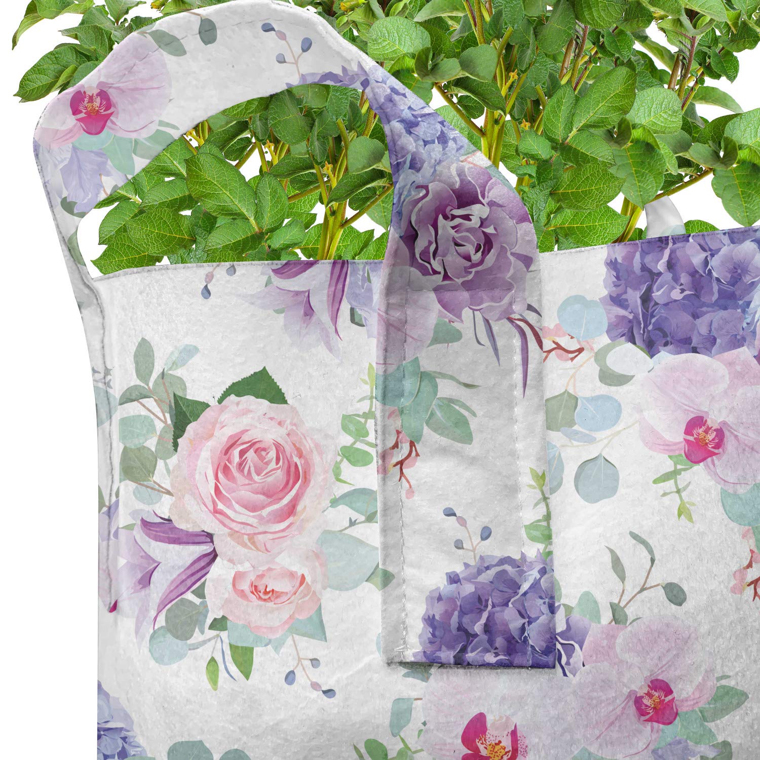 Ambesonne Floral Grow Bags 5-Pack - Heavy Duty Fabric Plant Pots with Handles for Roses, Orchids & Carnations | Blue & Pink Flower Pattern | Indoor/Outdoor Gardening, Balcony & Patio Decor