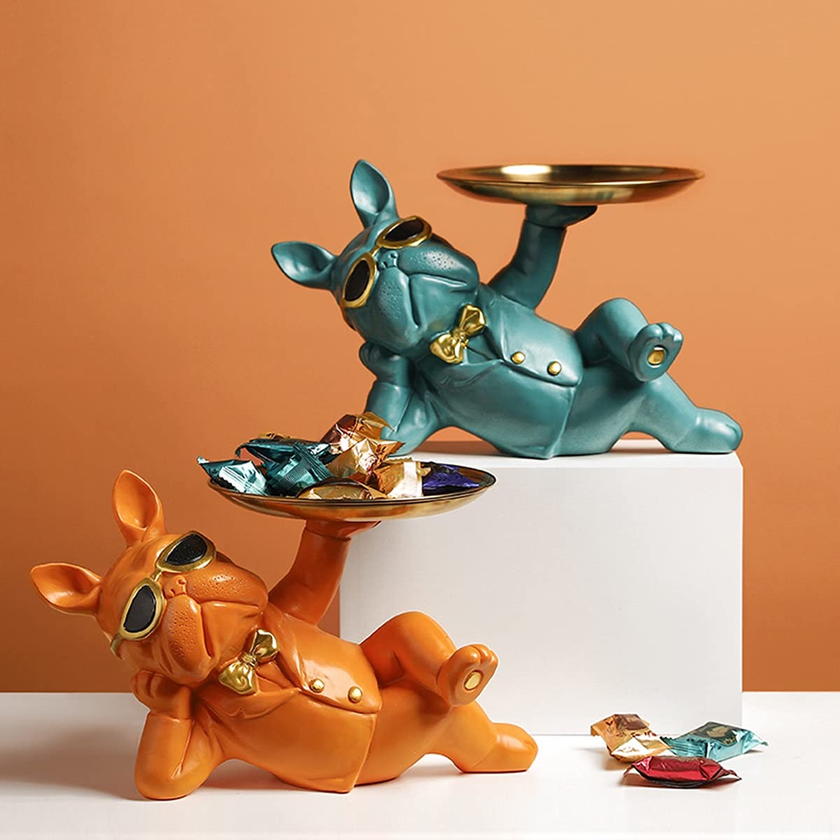 French Bulldog Resin Statue - Black Dog Figurine for Home Decor, Key Tray, Snack Holder | Desktop Decoration for Living Room, Office & Gift Giving