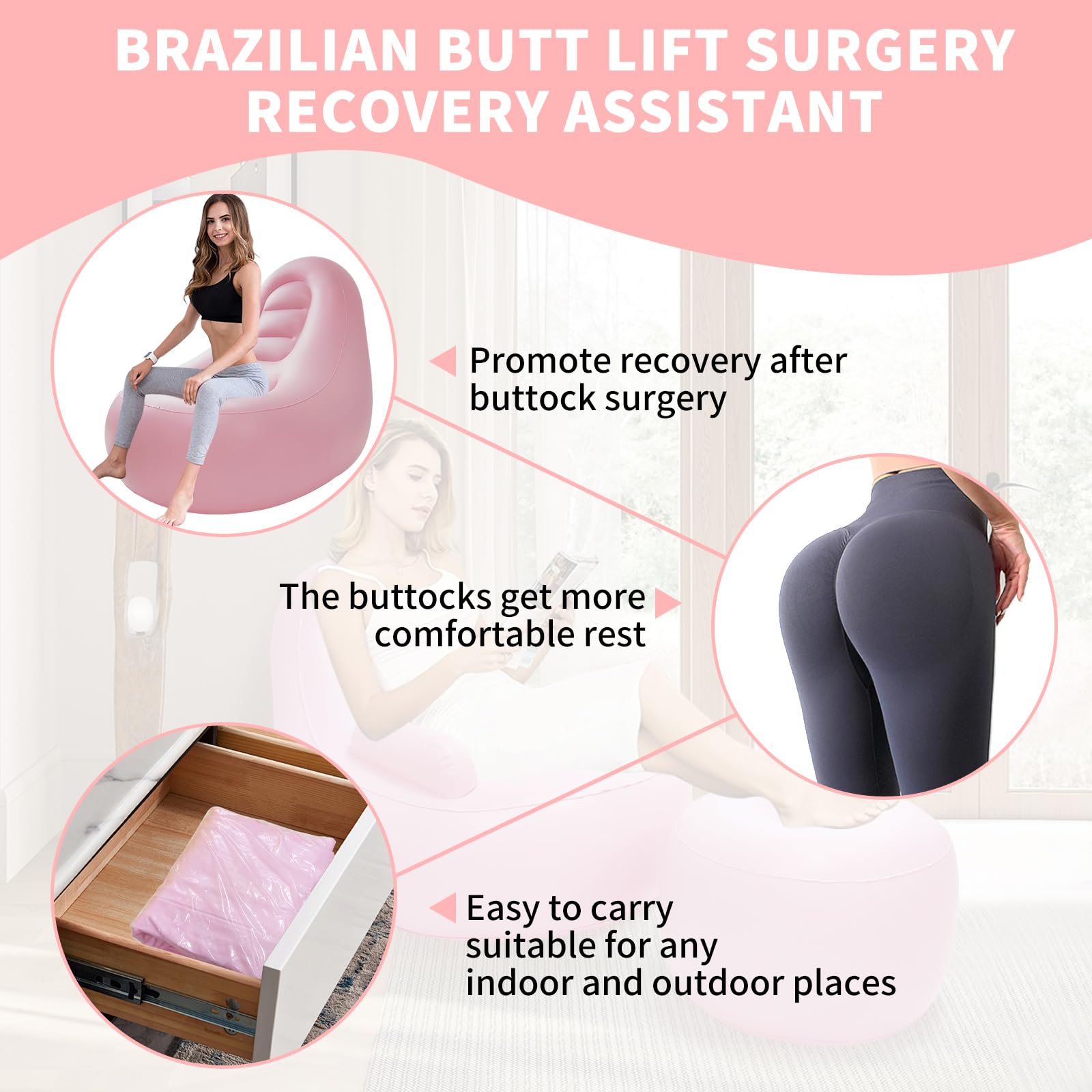 Inflatable Chair Sofa with Hole for Post-Surgery Recovery - BBL Support Cushion with Electric Air Pump & Ottoman - Comfortable Seating for Brazilian Butt Lift, Pregnancy, Relaxing & Sleeping (Pink) - Perfect for Home, Office & Medical Recovery Use
