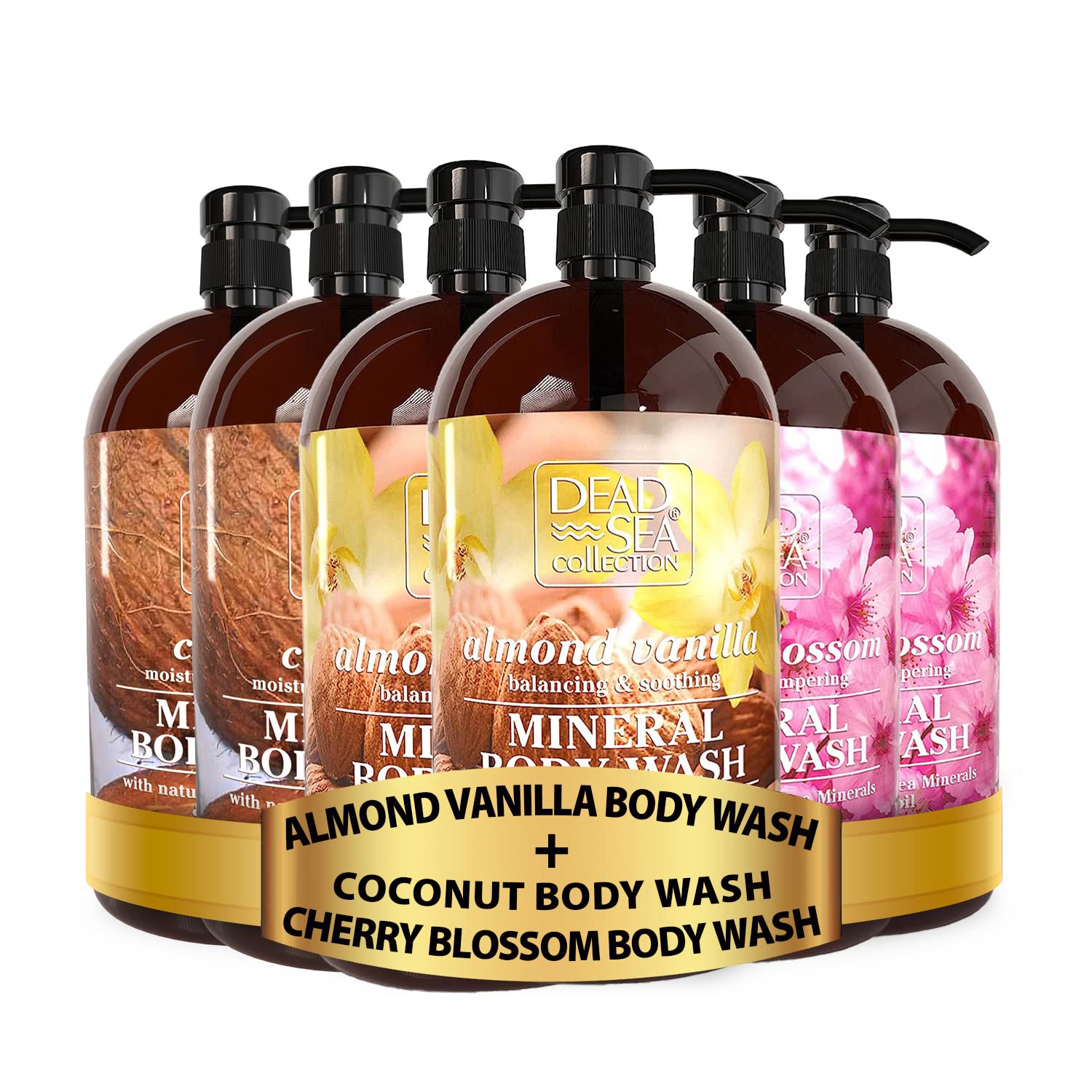 Dead Sea Mineral Body Wash Bundle - Cherry Blossom, Almond Vanilla & Coconut Scent (3 Pack of 2, 67.6 fl oz) - Hydrating & Nourishing Body Wash for Women & Men with Natural Vitamins - Perfect for Shower, Spa & Daily Skincare Routine