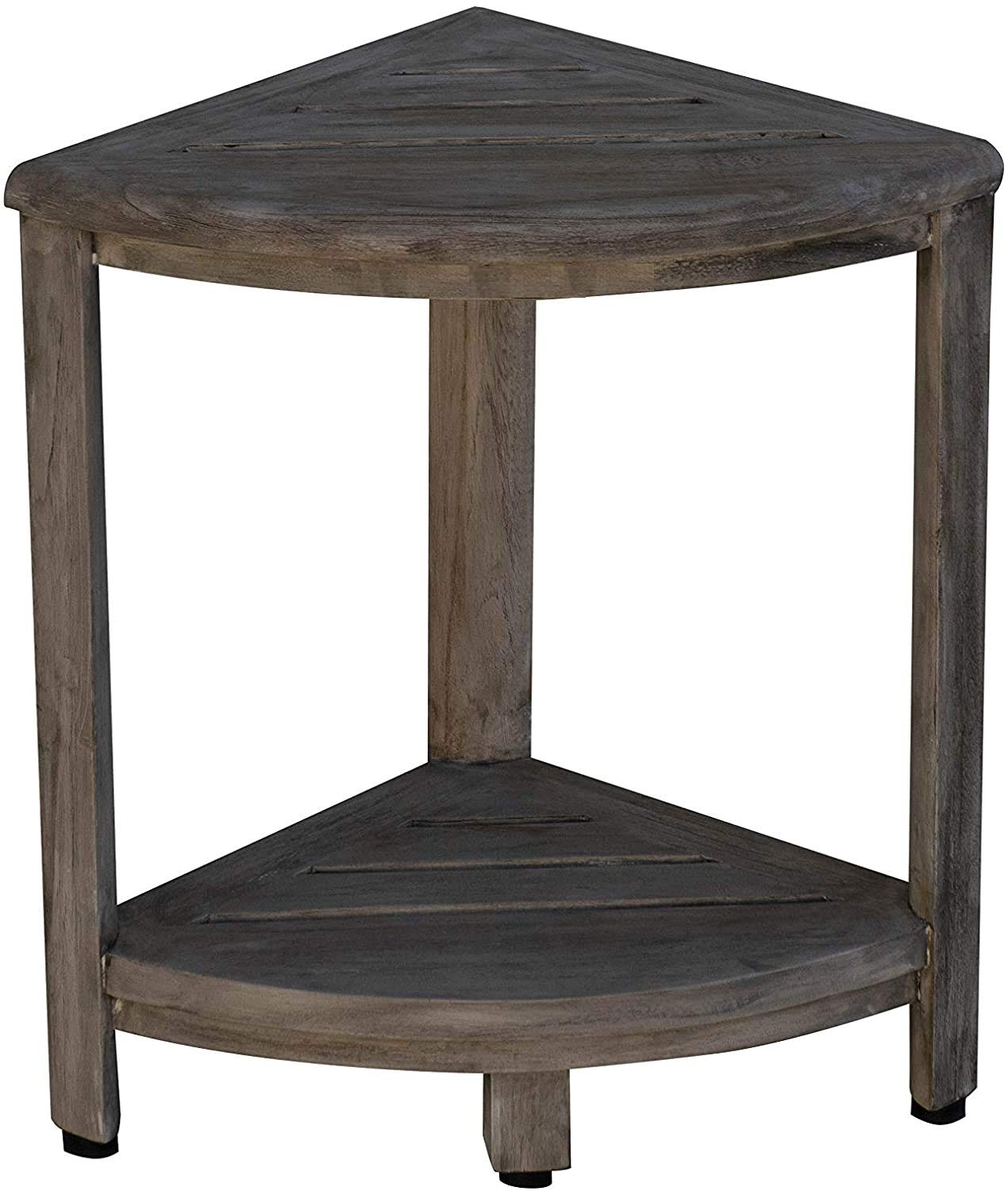 HomeRoots Compact Teak Corner Shower Bench - Waterproof Outdoor Bathroom Seating with Coquina Finish - Perfect for Poolside, Spa, and Patio Relaxation