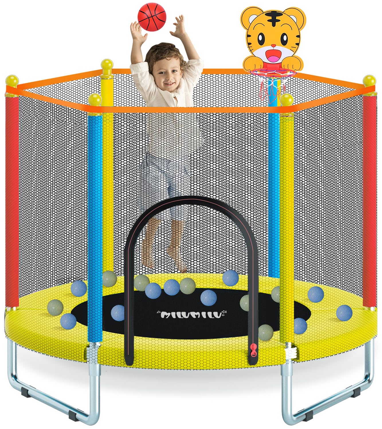 Best Kids Indoor Outdoor Trampoline with Safety Net & Basketball Hoop - MILUMILU Mini Toddler Trampoline for Boys & Girls - Perfect Birthday Gift for Active Play, Backyard Fun, and Exercise
