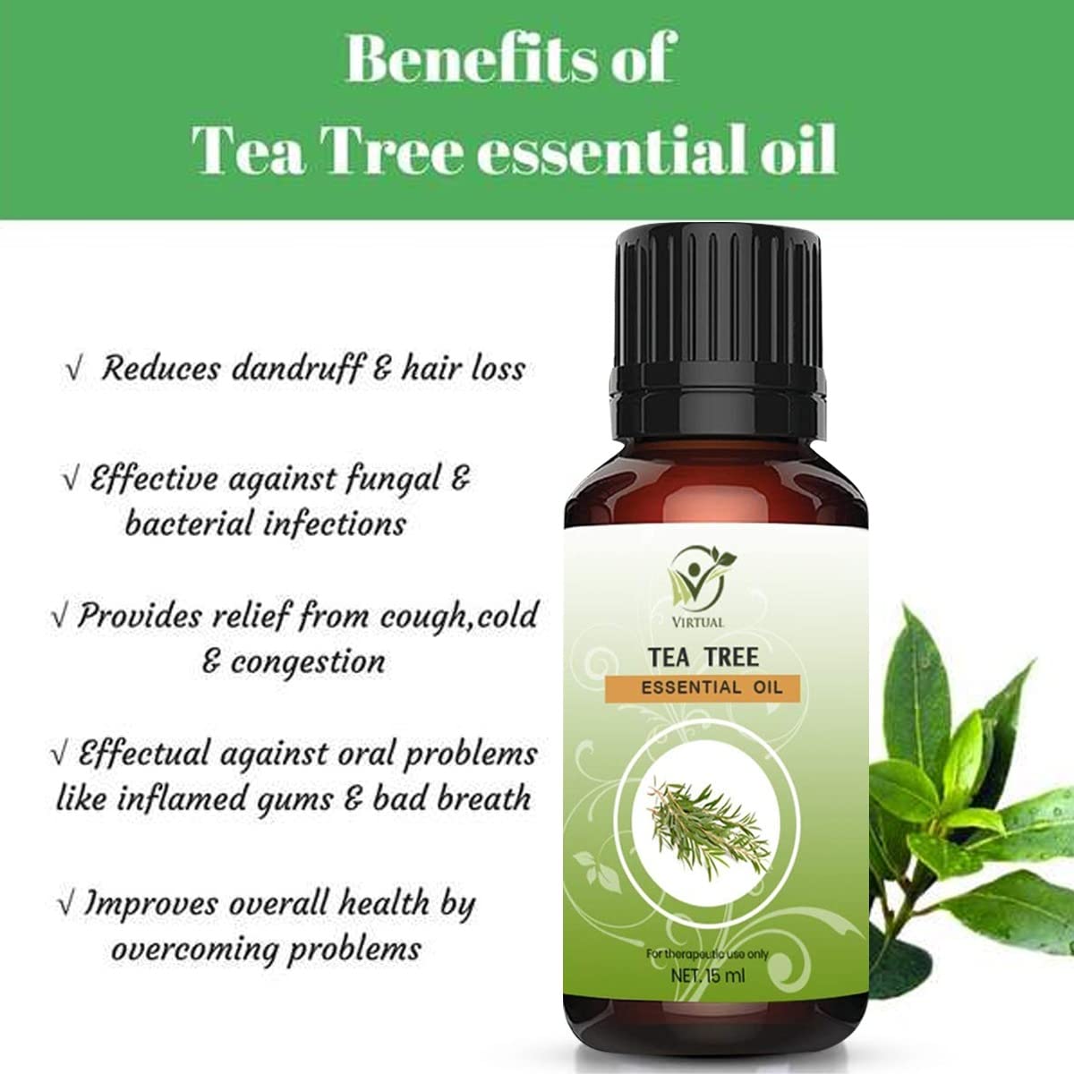 VIRTUAL 100% Pure Tea Tree Essential Oil for Acne Treatment, Pimple & Scar Removal, Skin & Hair Care - 15ml | Natural Anti-Dandruff Solution for Face & Scalp | Perfect for Aromatherapy, DIY Beauty Products & Home Remedies