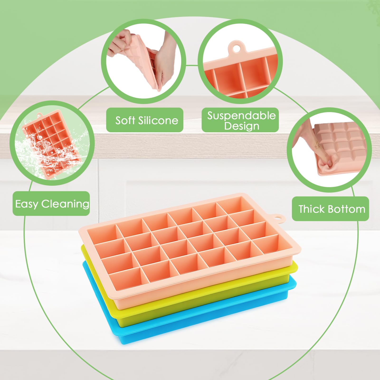 VFANDV Stackable Silicone Ice Cube Trays - 3 Pack, 24 Silicone Ice Molds for Fruit, Wine, Cocktails & Ice Cream - Perfect for Parties, Home Bars & Summer Drinks