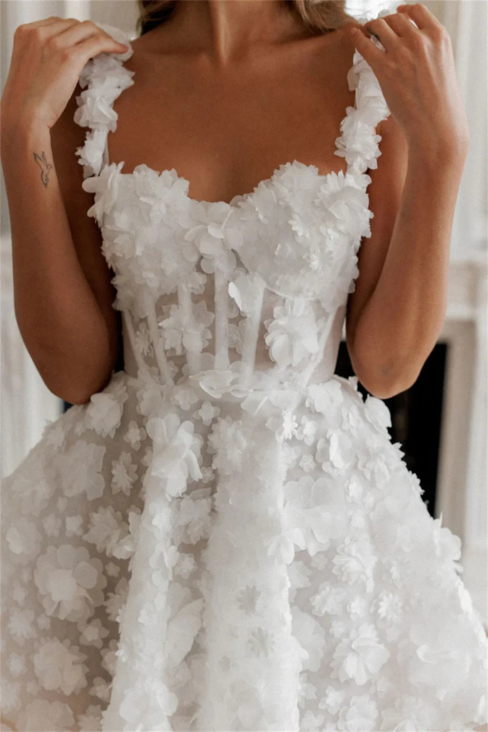 Elegant Two Strap Mini Wedding Dress with Full Lace & Floral Embroidery - Perfect for Beach Weddings, Elopements, and Romantic Vow Renewals
