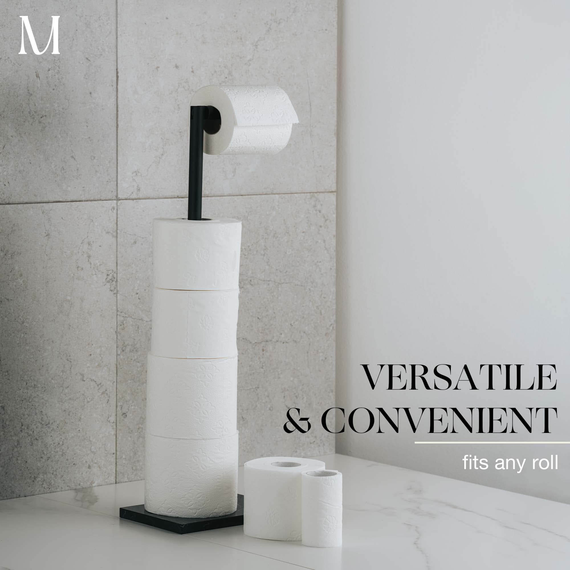MARMOLUX ACC Free Standing Matte Black Toilet Paper Holder with Black Marble Base - 4 Jumbo Roll Storage Bathroom Organizer - Stainless Steel Standing Toilet Paper Dispenser for Modern Bathroom, Powder Room or Guest Bath Decor