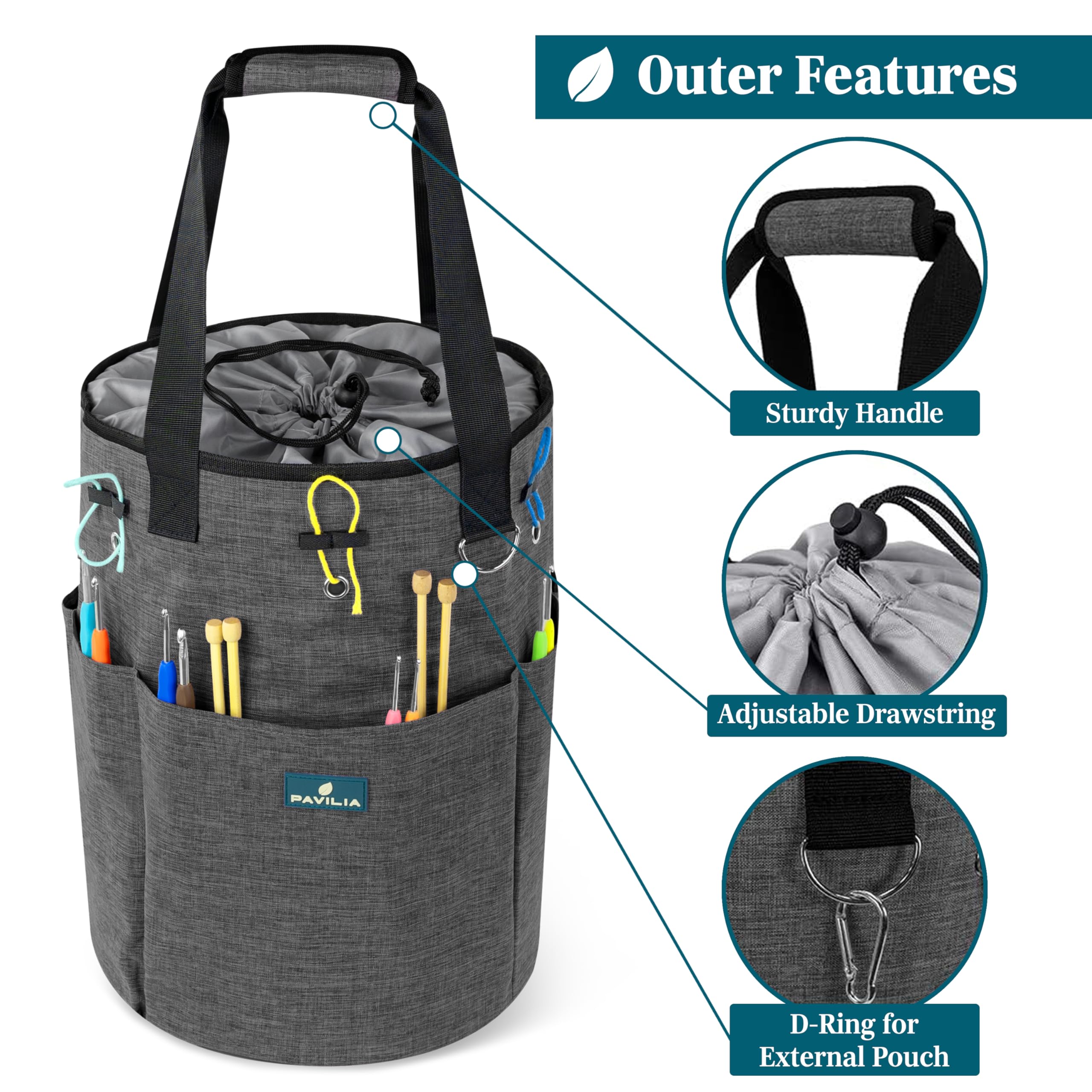PAVILIA Crochet Knitting Bag Organizer with Grommets - Portable Yarn Storage Tote for Crafters & Knitters (Charcoal Gray) - Perfect Gift for Crochet Lovers