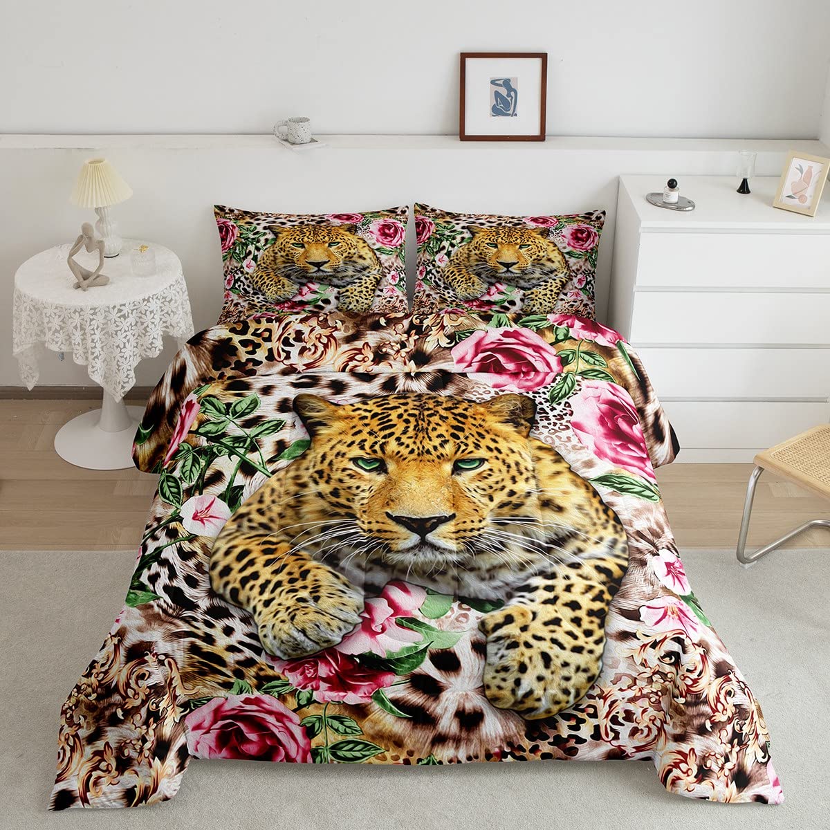 Leopard Print Comforter Set Queen Size - Rose Floral Cheetah Pattern Bedding Set for Adults, 3-Piece Animal Print Quilt with Matching Pillow Shams - Soft & Cozy Bedroom Decor for Master Bedroom or Guest Room