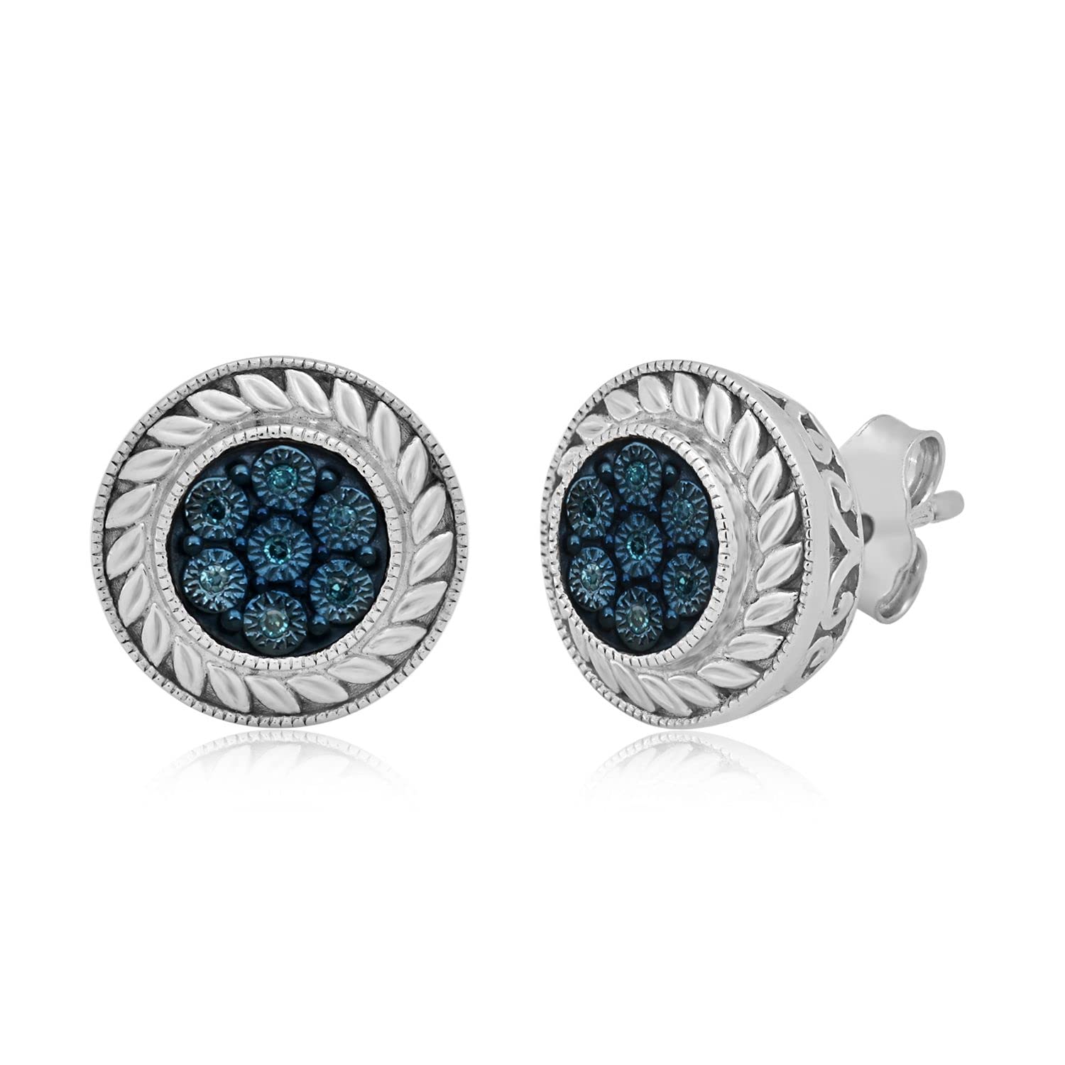 Jewelili Sterling Silver Round Stud Earrings with Blue, White & Champagne Diamonds – Perfect for Weddings, Parties & Everyday Elegance