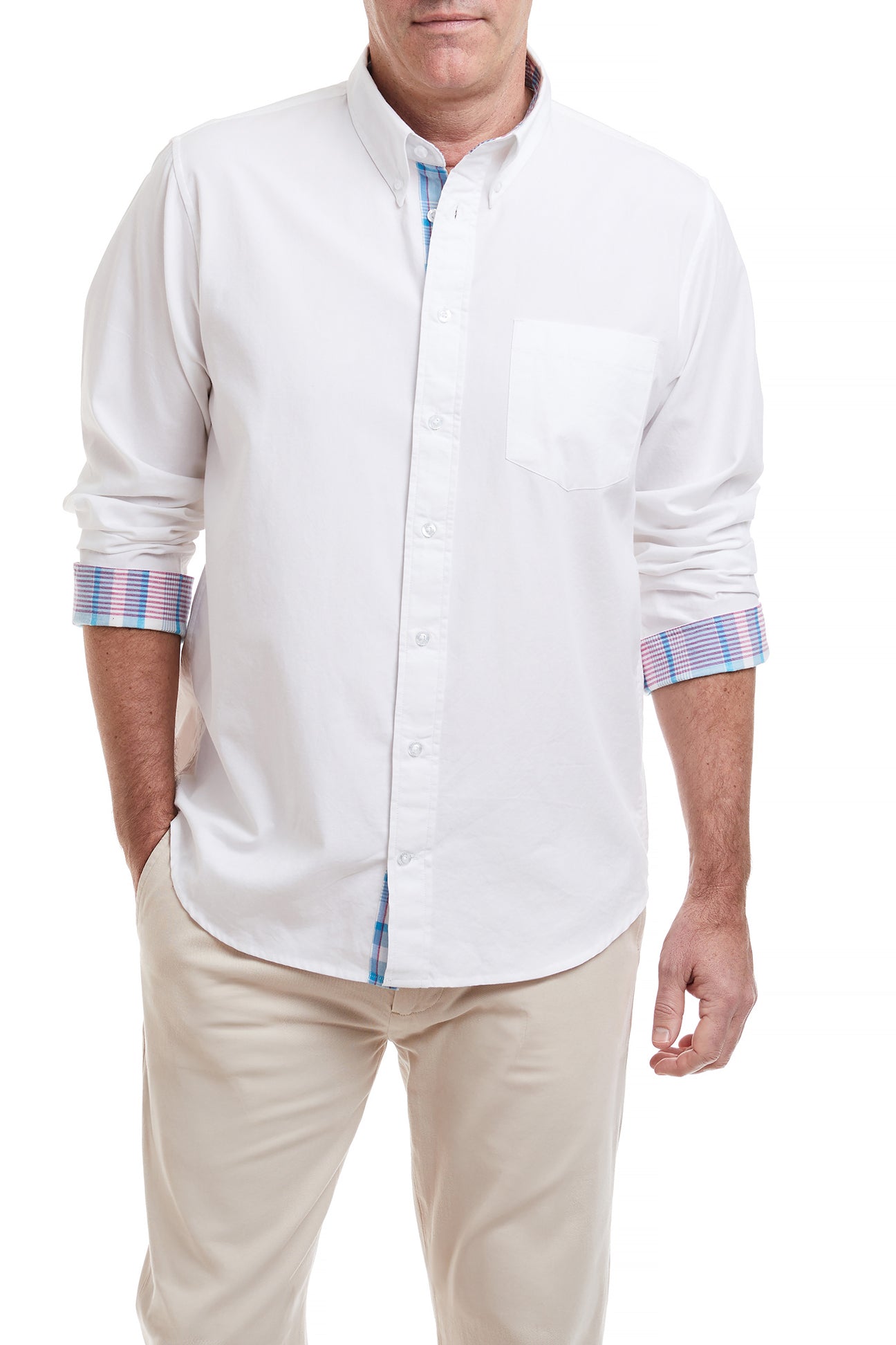 Men's White Oxford Chase Shirt with Cove Madras Trim - Classic Casual Button Down Shirt for Office, Business & Everyday Wear