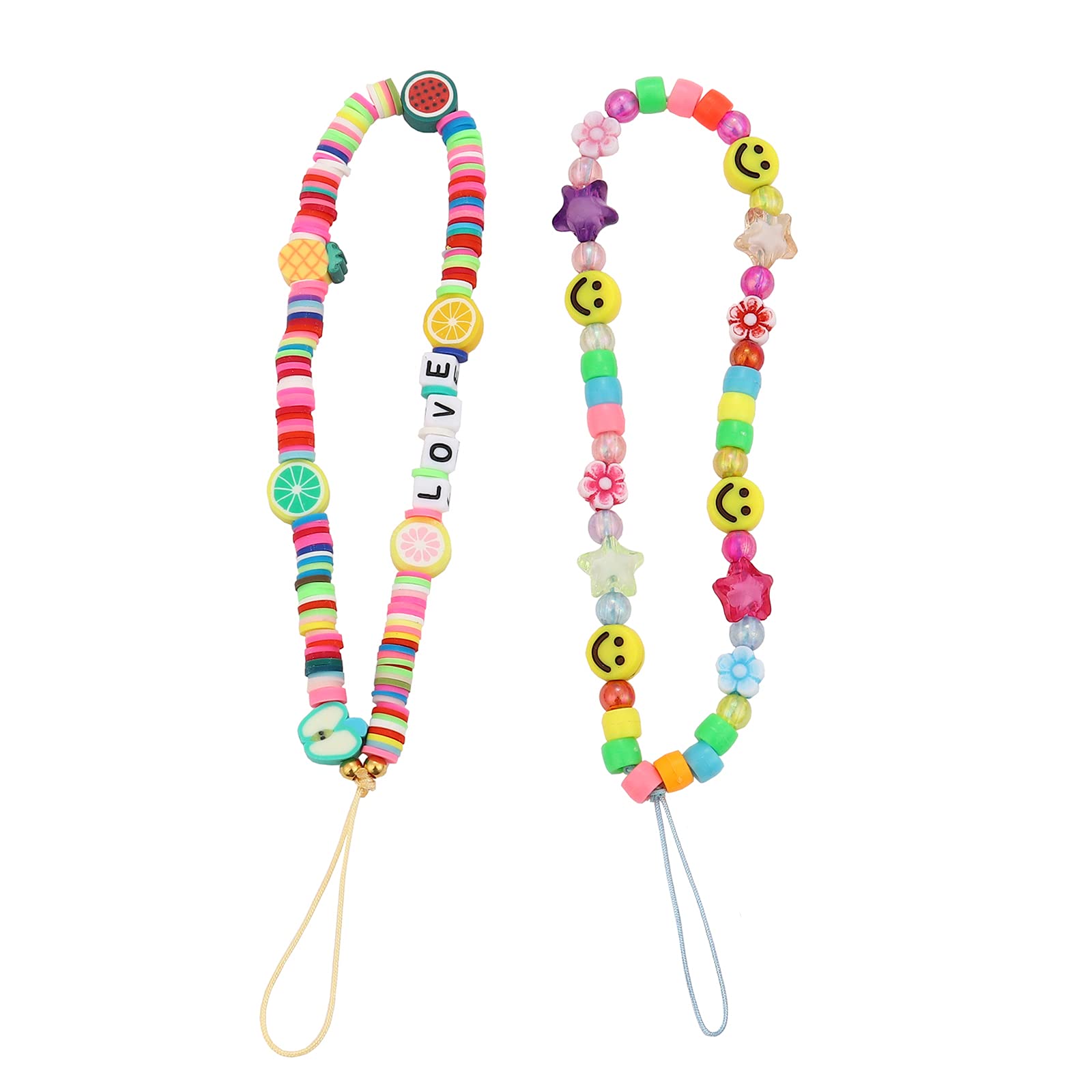 MythDone Beaded Phone Lanyard Wrist Strap - Bohemian Colorful Bead Phone Charm with Smiley Face, Fruit, Star & Initial Pearl - Rainbow Acrylic Bead Cell Phone Lanyard for iPhone, Samsung, Keys & Purses - Perfect for Work, Travel & Everyday Use