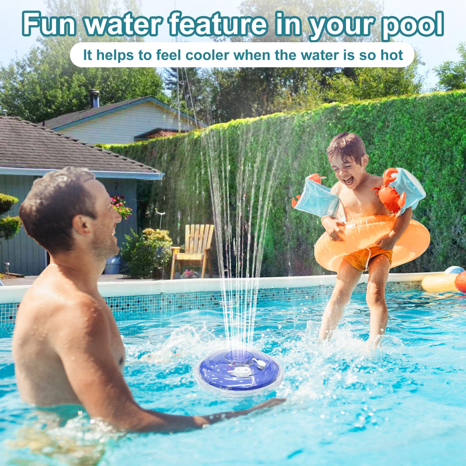 Rechargeable Battery Powered Floating Pool Fountain with LED Underwater Light Show - 2 Spray Modes Waterfall Pump for Inground/Above Ground Pools & Garden Ponds - Perfect for Backyard Decor, Water Aeration and Relaxation