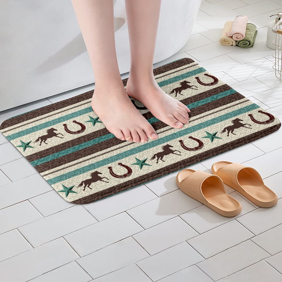 Western Horseshoe Non-Slip Bathroom Rug - Cowboy Style Bath Mat for Kids, Women & Men - Farmhouse Wild West Decor - 20