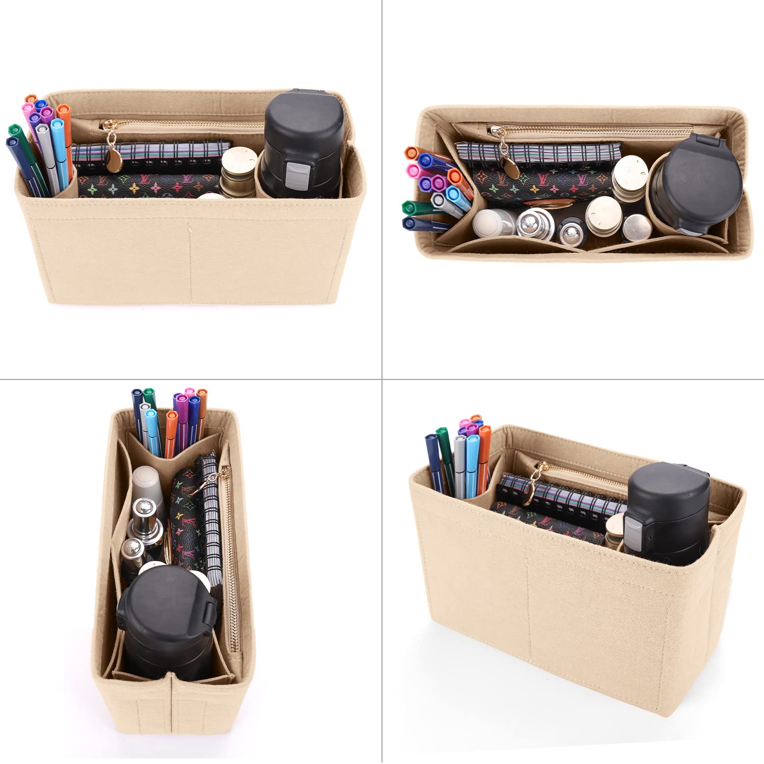 LEXSION Beige Large Felt Purse Organizer Insert with Zipper & Removable Bottle Holder - Perfect for Kelly 32 Handbags | Keep Your Bag Neat & Organized for Work, Travel & Daily Use
