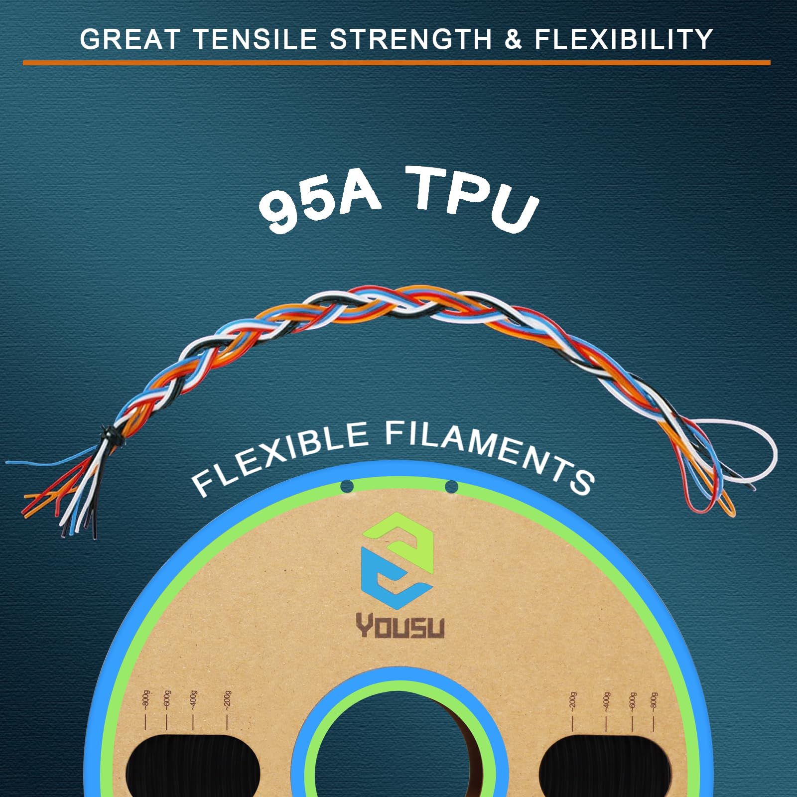 YOUSU TPU Filament 1.75mm 1kg Spool (2.2 lbs) - 95A Flexible 3D Printing Filament for Soft, Durable Creations - Perfect for Phone Cases, Wearables & Industrial Prototypes