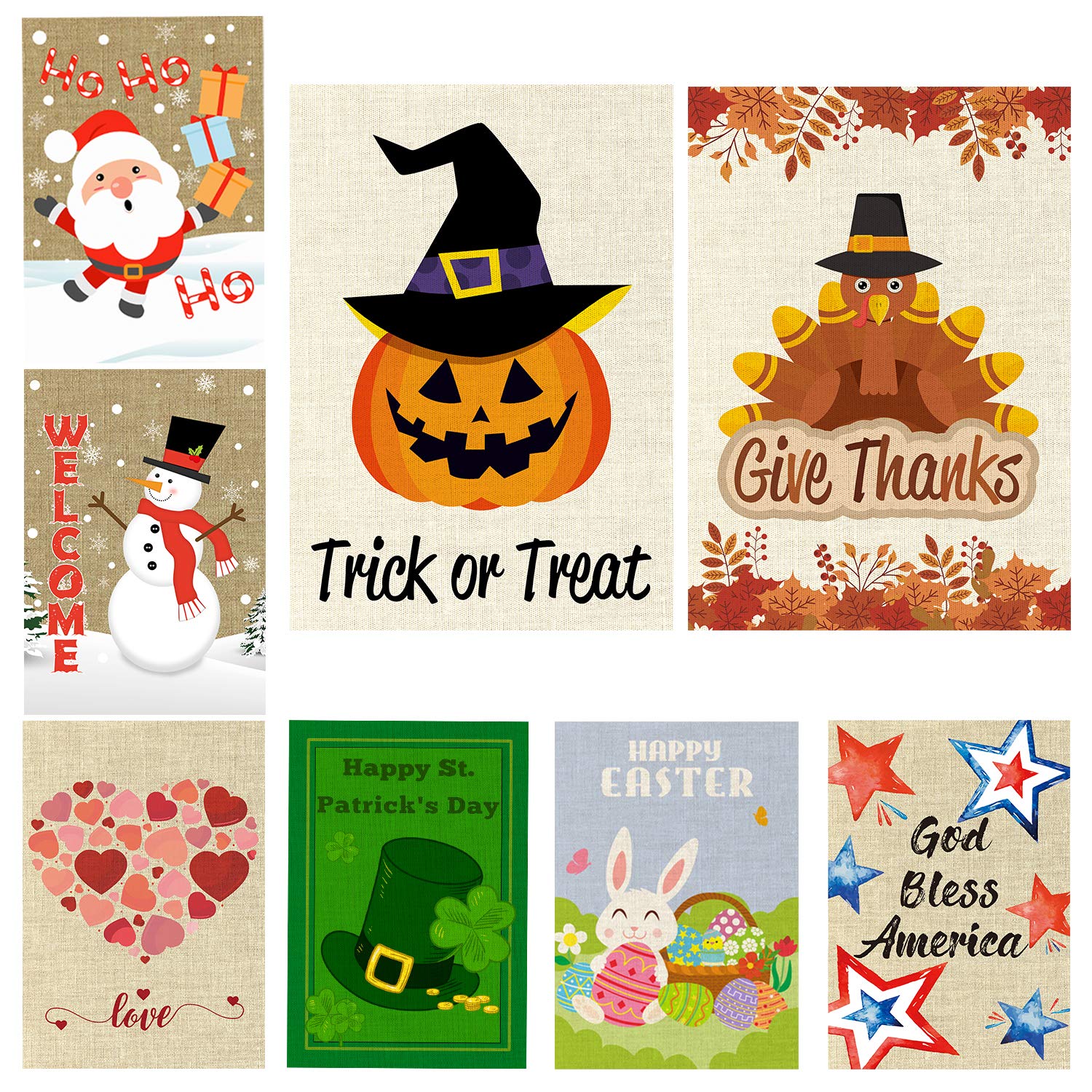 GROBRO7 8-Pack Seasonal Garden Flags Set - Double Sided Burlap Outdoor Decor for Christmas, Valentine's, Easter, Independence Day & St. Patrick's Day - 12x18 Inch Holiday Yard & Lawn Flags - Perfect for Front Porch, Garden Decoration & Seasonal Celebrations