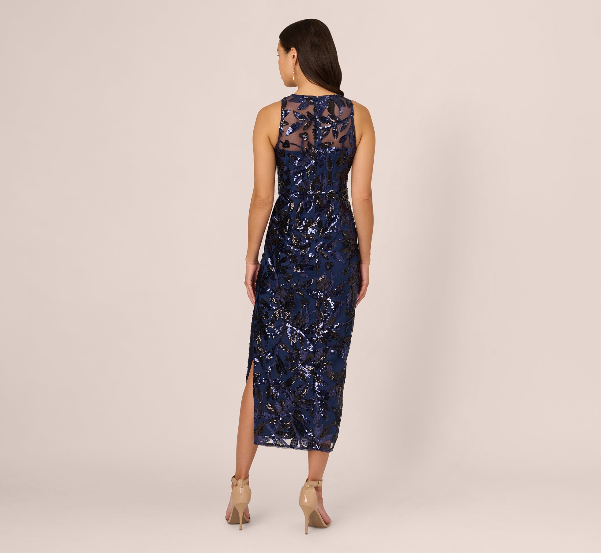 Sequin Leaf Halter Column Gown With Sheer Neckline in Navy Black - Elegant Evening Dress for Prom, Gala & Formal Events