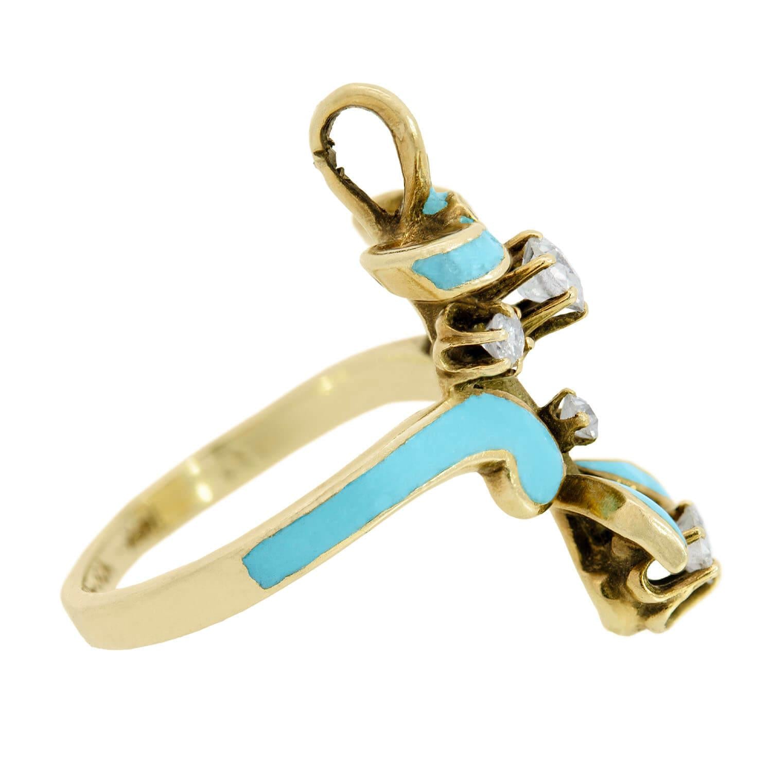 Victorian 14K Gold Diamond Blue Enamel Bow Ring - Elegant Antique Jewelry for Women, Perfect for Weddings, Anniversaries & Special Occasions