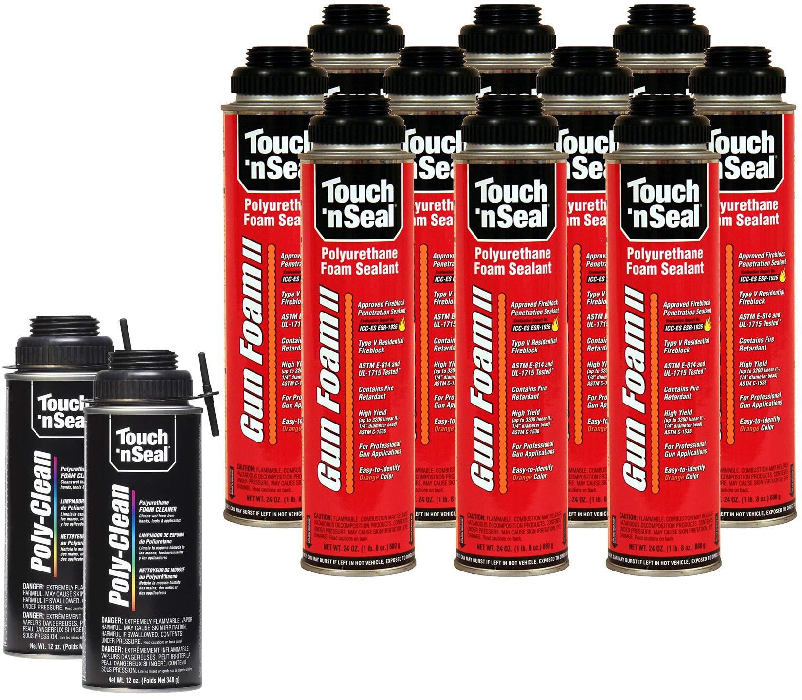 Touch N Seal Gun Foam II Fire Blocking Polyurethane Spray Sealant Kit - 10 (24oz) & 2 (12oz) Cans with Zero FOC Cleaner | Fireproof Insulation, Gap Filling for Home & Construction Projects