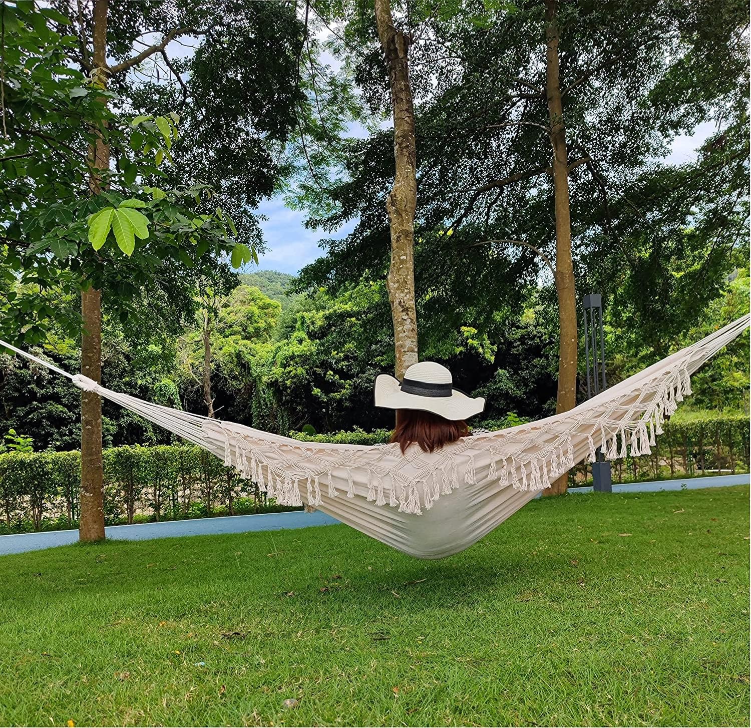Boho Hammock with Handmade Tassels & Fishtail Knitting - Premium Cotton Hammock with Heavy Duty Straps for Indoor Outdoor Use - Perfect for Bedroom, Yard, Beach, Patio, Wedding Decor (Beige) - Relaxation & Boho Chic Home Decor
