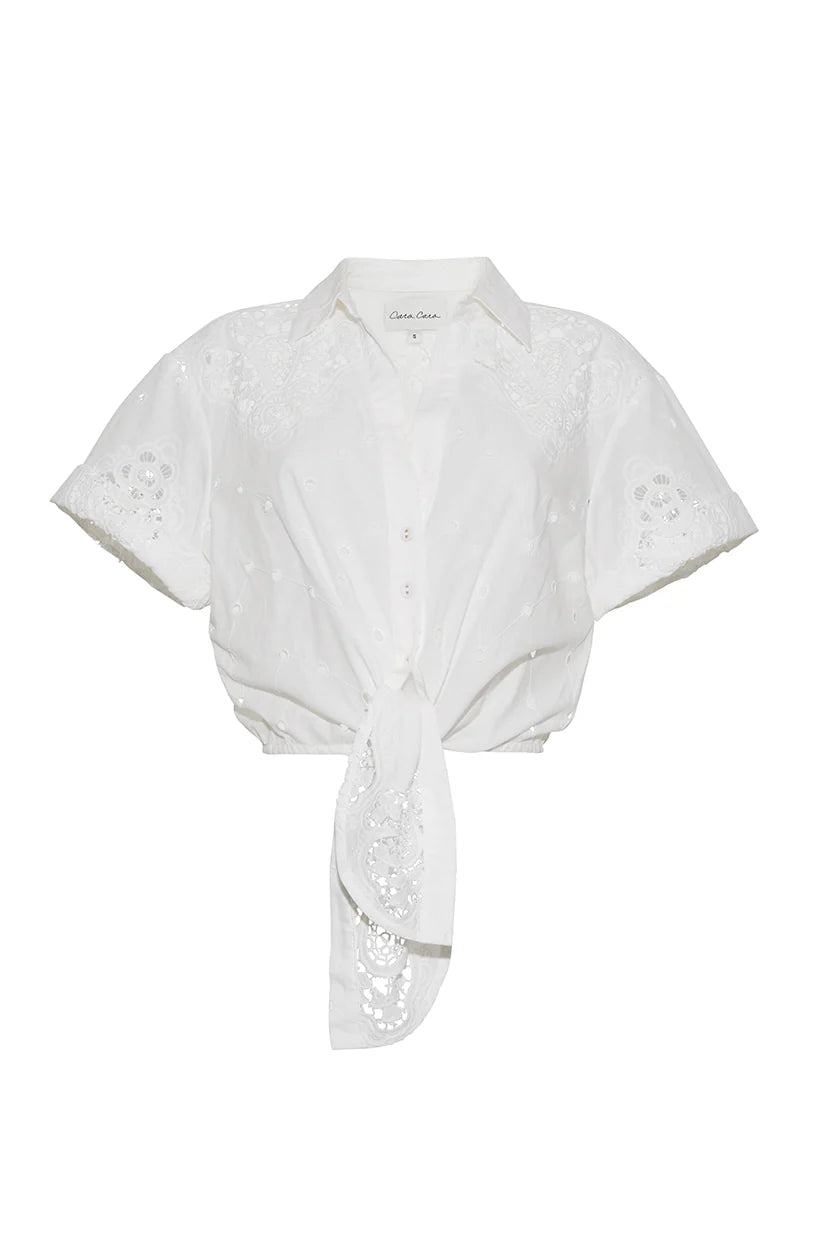 Asbury Top Embroidered Eyelet Blouse - Floral Lace Trim Women's Shirt for Casual & Office Wear - Perfect for Summer Outfits and Professional Attire