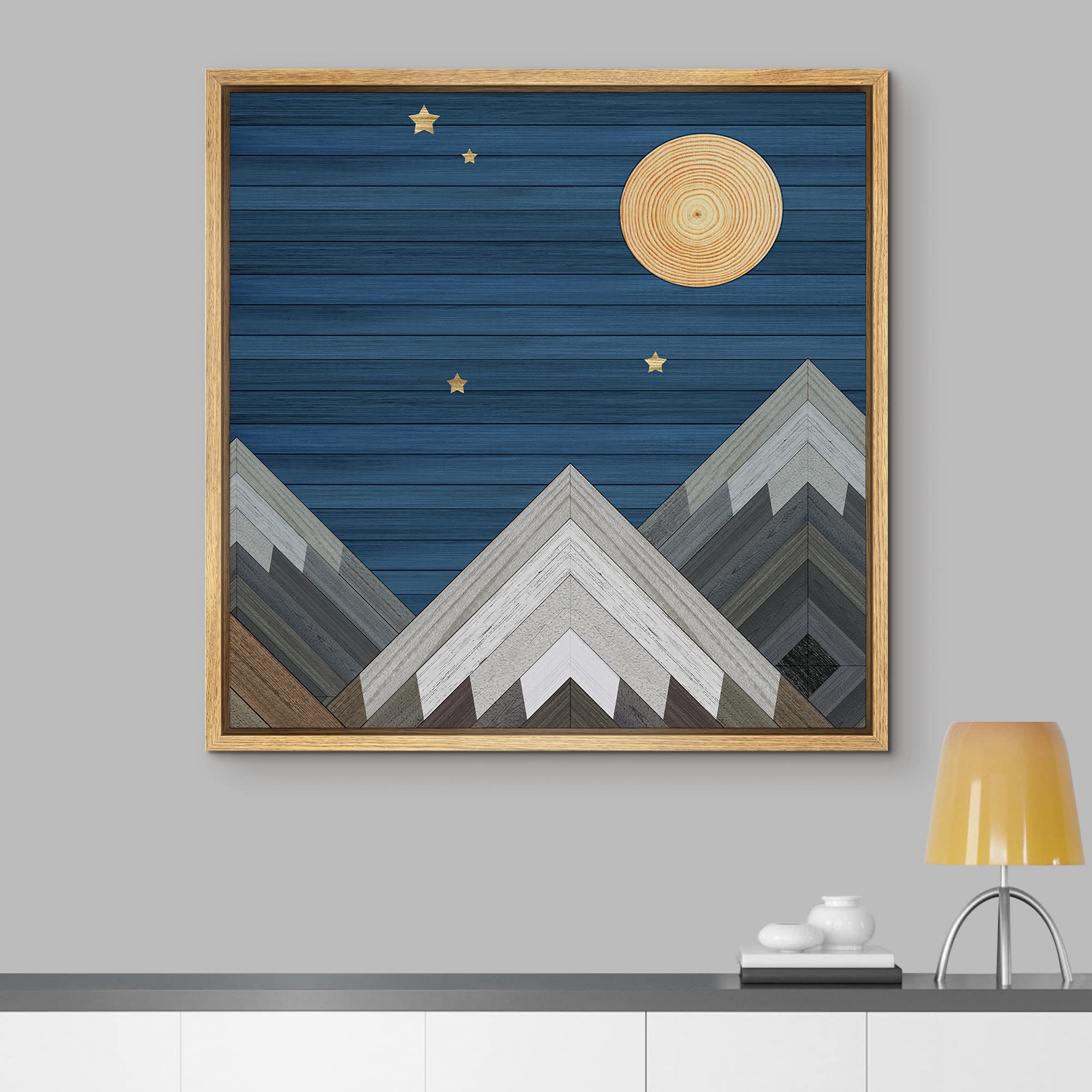 IDEA4WALL Framed Canvas Print - Western Decor Wood Block Night Moon Sky Mountain Range Nature Wilderness Art - Modern 16