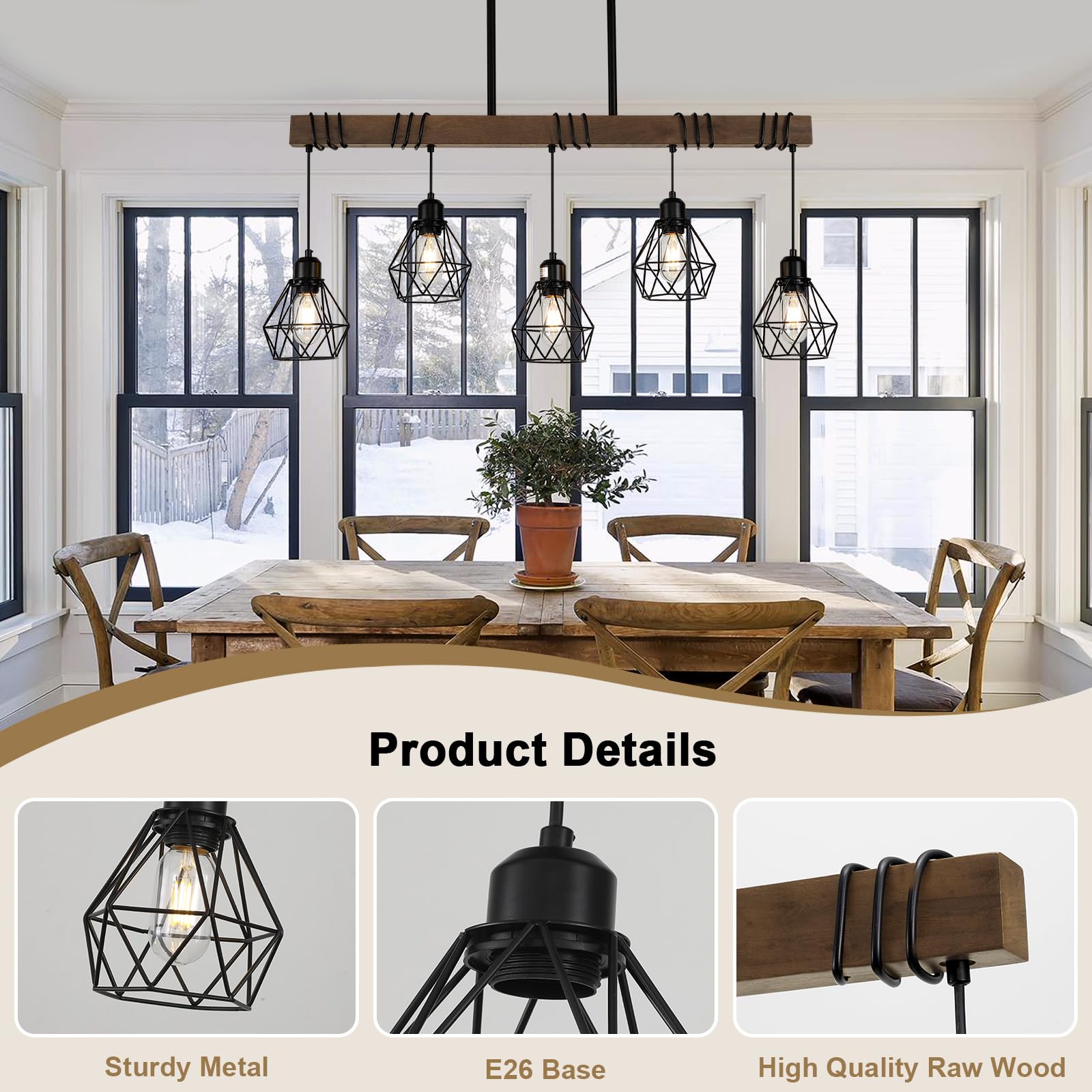 5-Light Farmhouse Linear Chandelier - Matte Black Rustic Wood Ceiling Pendant Light with Metal Lampshade for Kitchen Island, Dining Room Table | Modern Farmhouse Decor Lighting Fixture