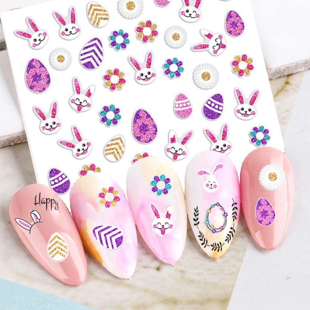 3D Easter Nail Art Stickers - 12 Sheets Self-Adhesive Bunny, Eggs & Flower Nail Decals for DIY Acrylic Nails | Perfect for Easter Parties, Spring Nail Designs & Nail Salon Decorations