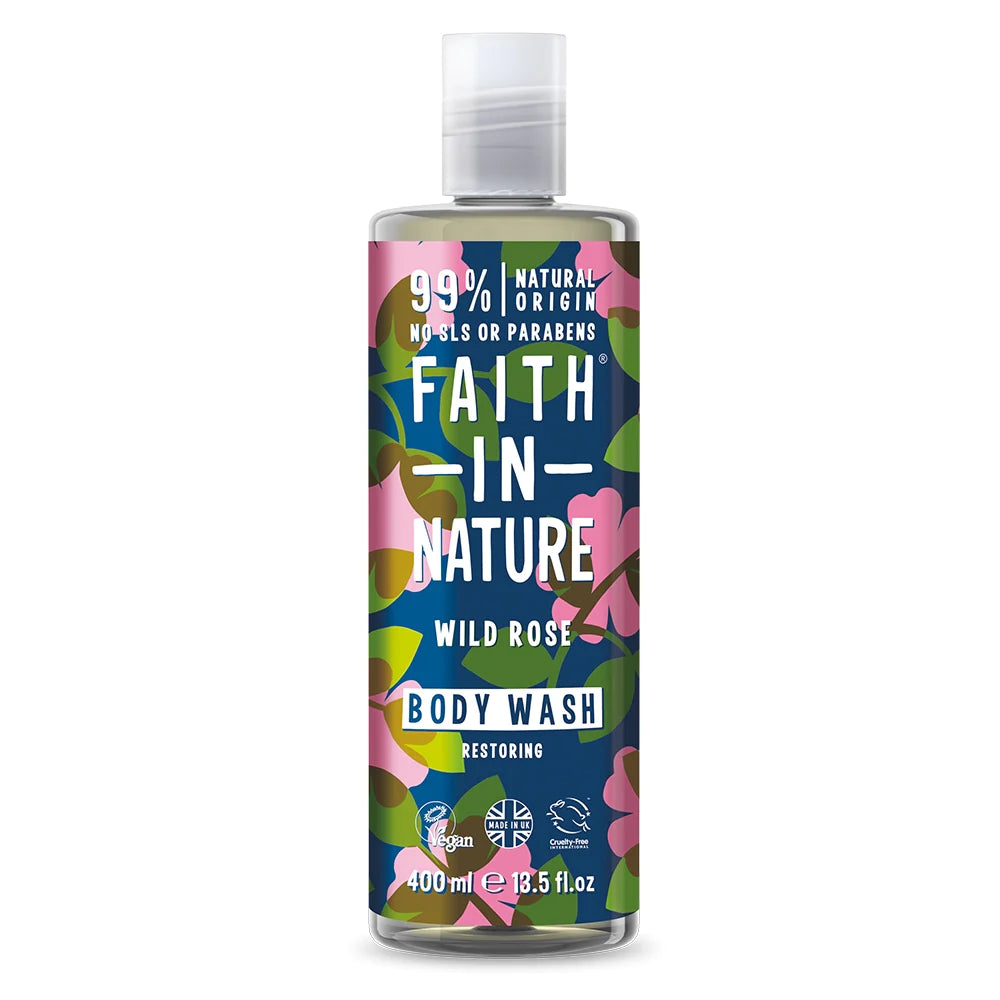 Faith in Nature Wild Rose Body Wash 400ml - Natural & Vegan Body Cleanser for Dry & Sensitive Skin | Hydrating & Soothing Shower Gel for Women & Men | Perfect for Daily Use & Spa Days