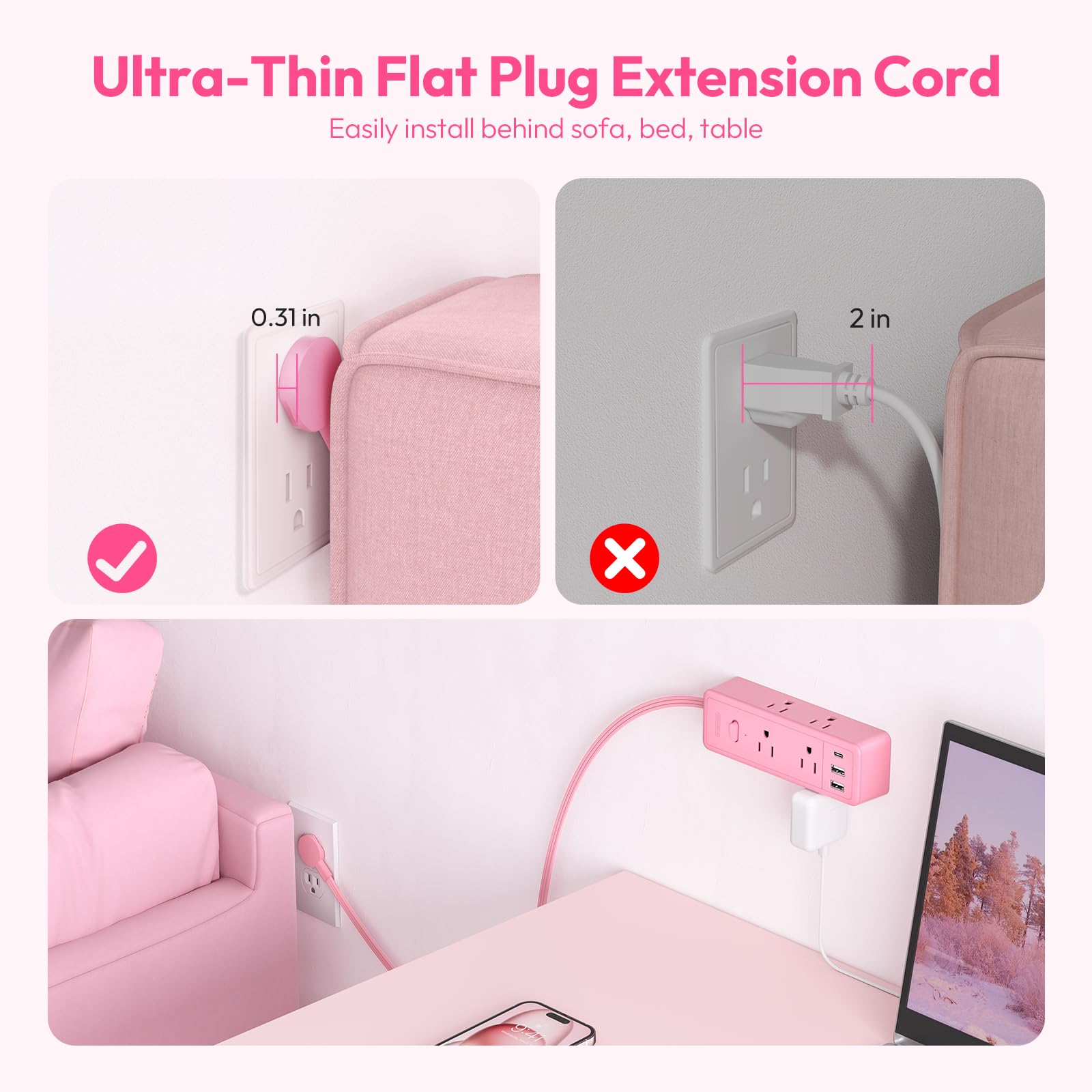 NTONPOWER 5 ft Pink Extension Cord with Surge Protector - 6 Outlets & 3 USB Ports (1 USB-C) - 1080 Joules Protection - Flat Plug Power Strip for Home, Office, Dorm - Perfect for Charging Multiple Devices & Small Appliances