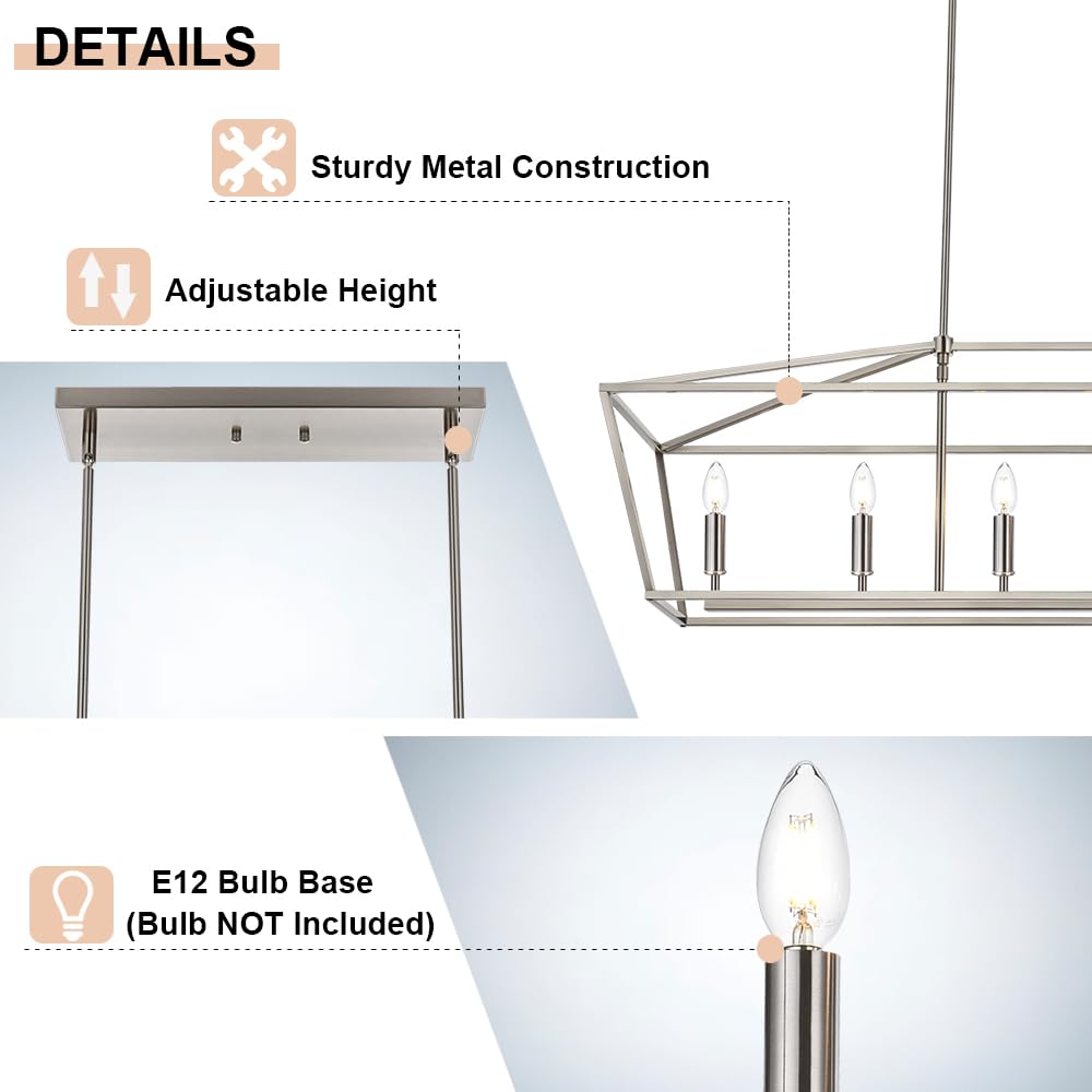 6-Lights Kitchen Island Pendant Lighting Fixture - Brushed Nickel Farmhouse Linear Chandelier with E12 Bulb Base - Perfect for Dining Room, Living Room, Pool Table and Modern Home Decor