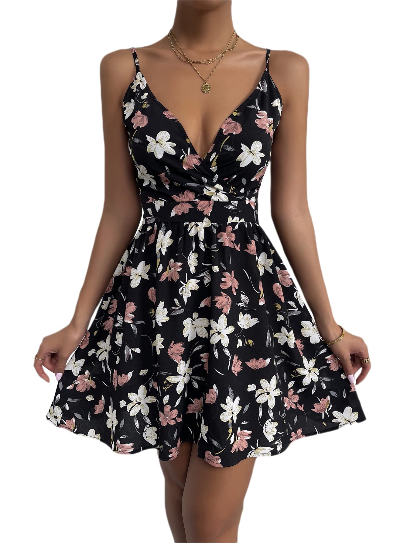 SheIn Women's Floral Print Surplice Front Belted Cami Skater Dress - Flowy Short Summer Dress for Casual Outings, Beach Vacations & Date Nights