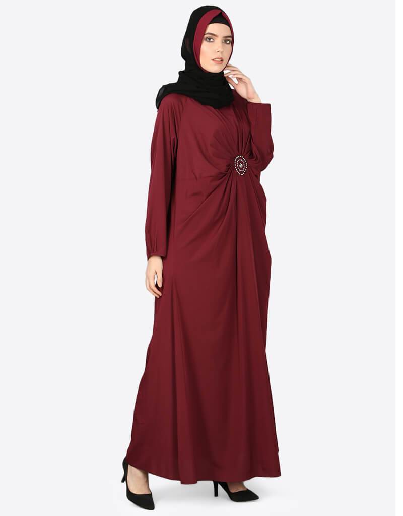 Elegant Arabic Circle Pleated Abaya in Maroon - Modest Islamic Dress for Women - Perfect for Prayer, Eid, and Special Occasions