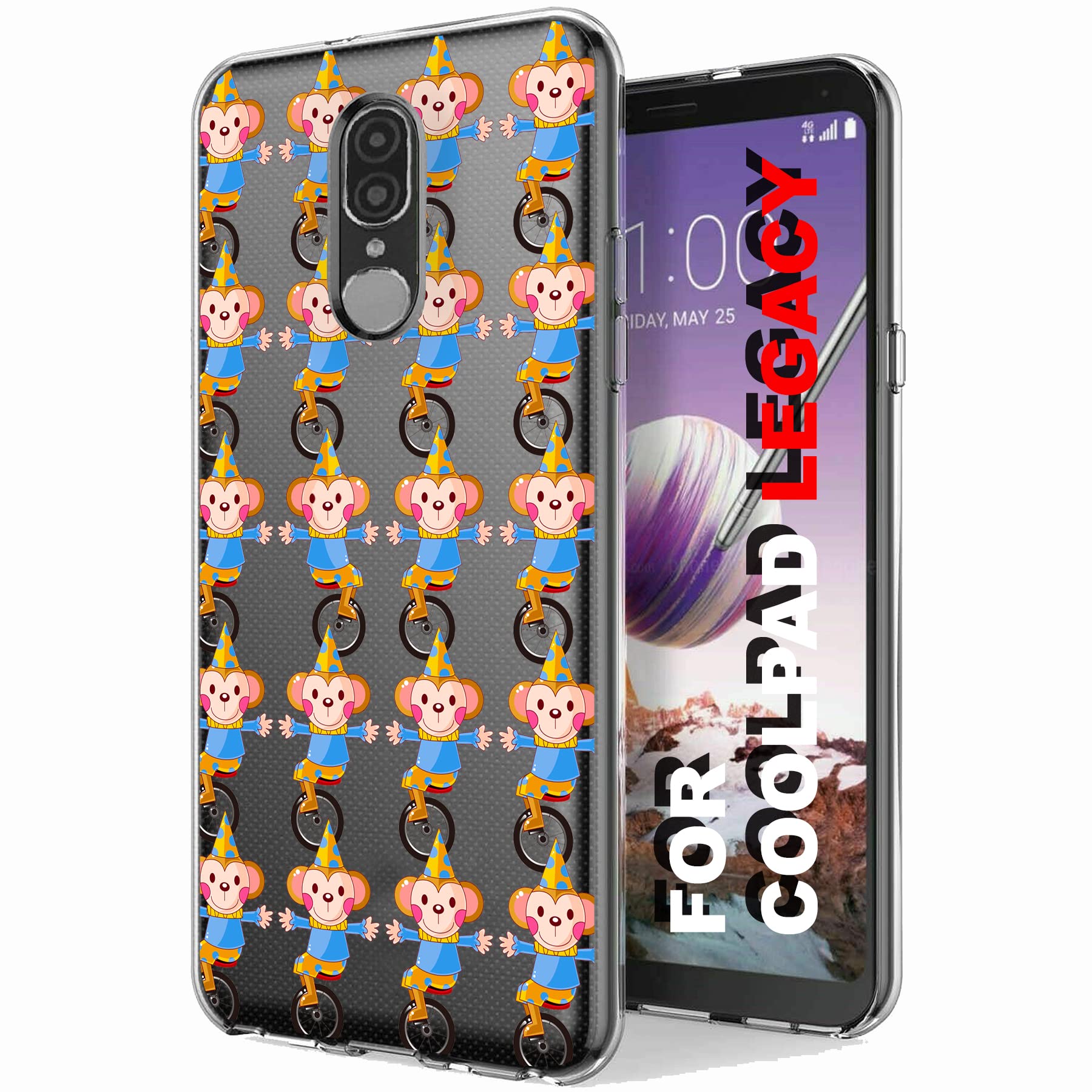 Coolpad Legacy Slim Thin Gel TPU Case - Lightweight Flexible Soft Anti-Scratch Cover with Circus Monkey Wheel Print (Made in USA) - Perfect for Daily Protection & Style