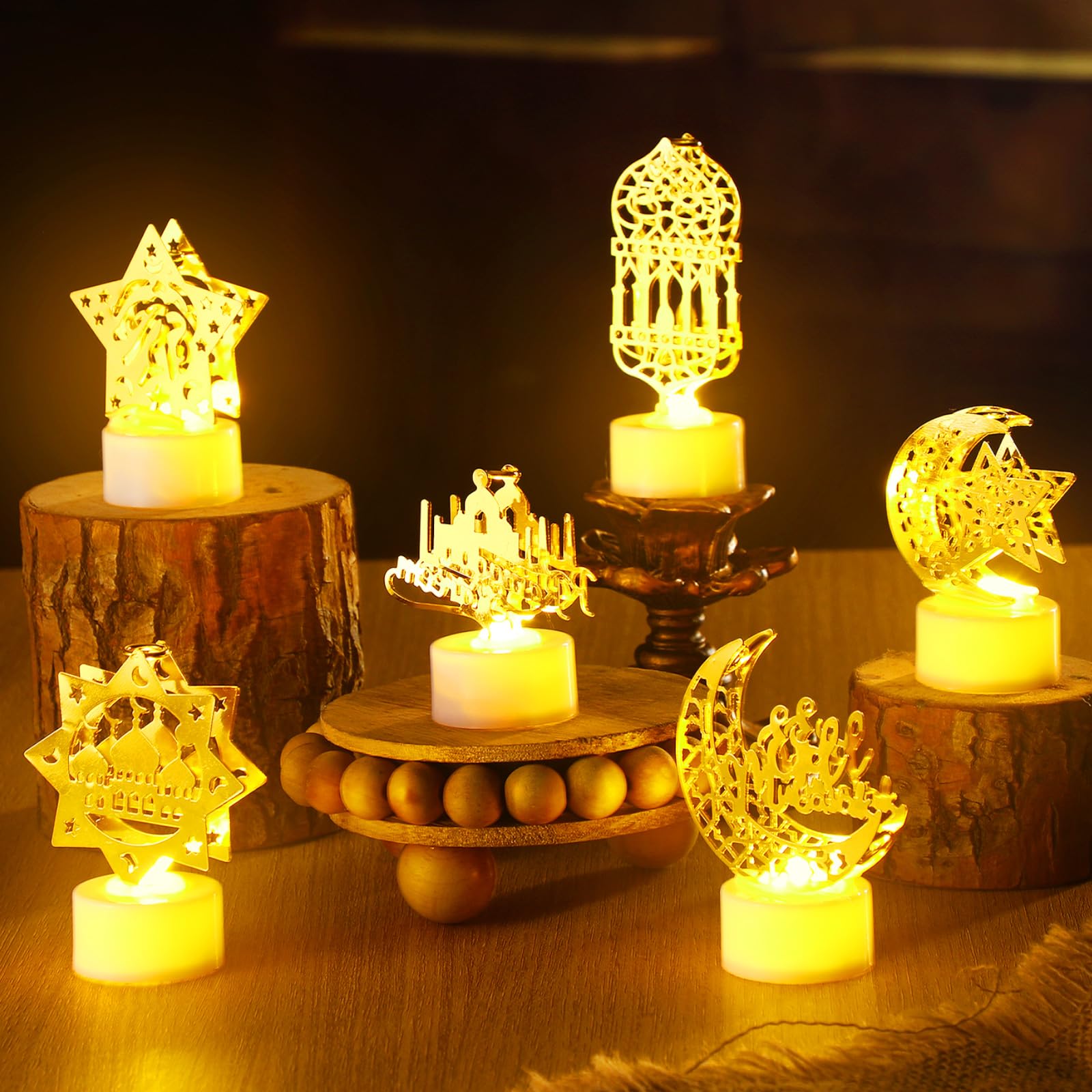6 Pcs Ramadan Mini Lantern Lights - Golden Moon Castle Lighthouse Decor for Eid Mubarak, Ramadan Party & Muslim Festival - Indoor Outdoor Islamic Home Decor for Tabletop, Garden, and Celebration Lighting