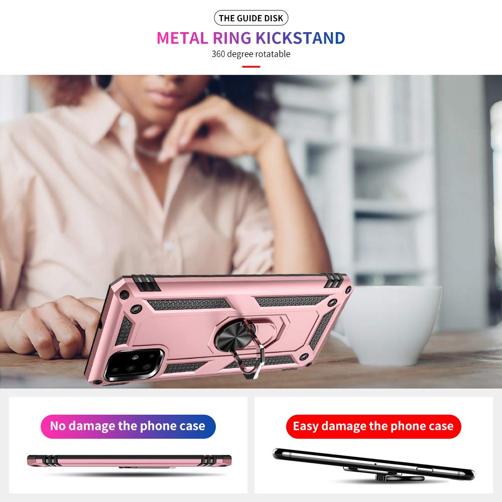 Samsung Galaxy A71 5G Case with Screen Protector - Military Grade Shockproof Phone Cover with Ring Stand, Rose Gold | Perfect for Outdoor Activities, Travel & Daily Protection