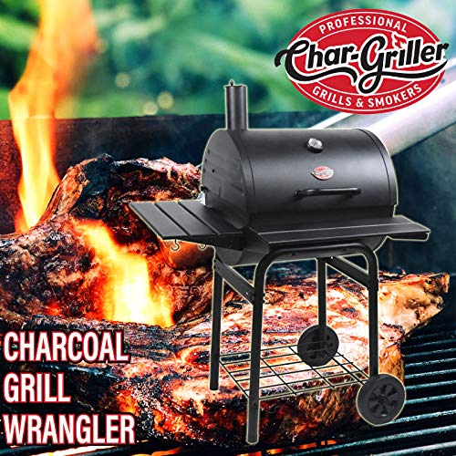 Char-Griller Wrangler 2823 Black Charcoal Grill with 640 Sq In Cooking Area, EasyDump Ash Pan, Wood Shelves & Utensil Hooks - Perfect for Backyard BBQs, Tailgating & Outdoor Cooking