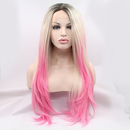 Xiweiya Ombre Pink Wigs with Dark Roots - 13x3 Lace Front Synthetic Wig in Platinum Blonde to Pink, Heat Resistant Fiber, 24 Inch - Perfect for Drag Queens, Cosplay, Halloween Costumes & Party Performances