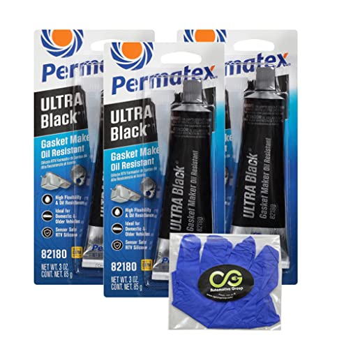 Permatex Ultra Black 82180 RTV Silicone Gasket Maker - 3.35Oz (3-Pack) with 5 Biodegradable Disposable Gloves - High Temp Oil Resistant Sealant for Automotive, Marine & Industrial Engine Gaskets