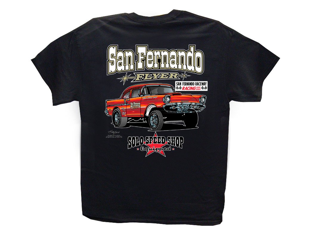 Solo Speed Shop San Fernando Flyer Black T-Shirt Vintage 1957 Chevy Gasser Drag Racing Tee - Classic Car Enthusiast Gift, Retro Racing Apparel for Men & Women