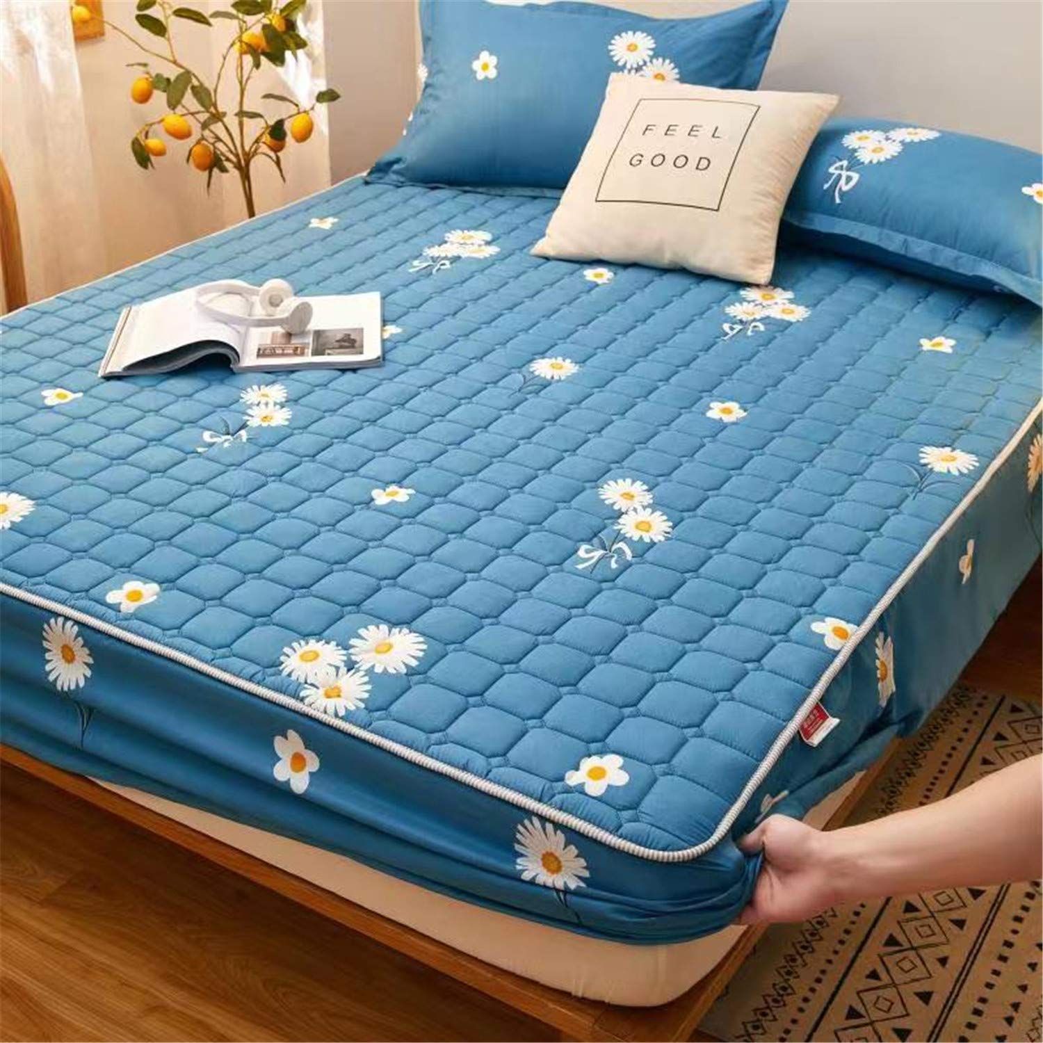 TINGCHAO Fitted Sheet Full Size 200x220cm - Breathable Deep Pocket Mattress Cover in Daisy Lake Blue for Bedroom Comfort