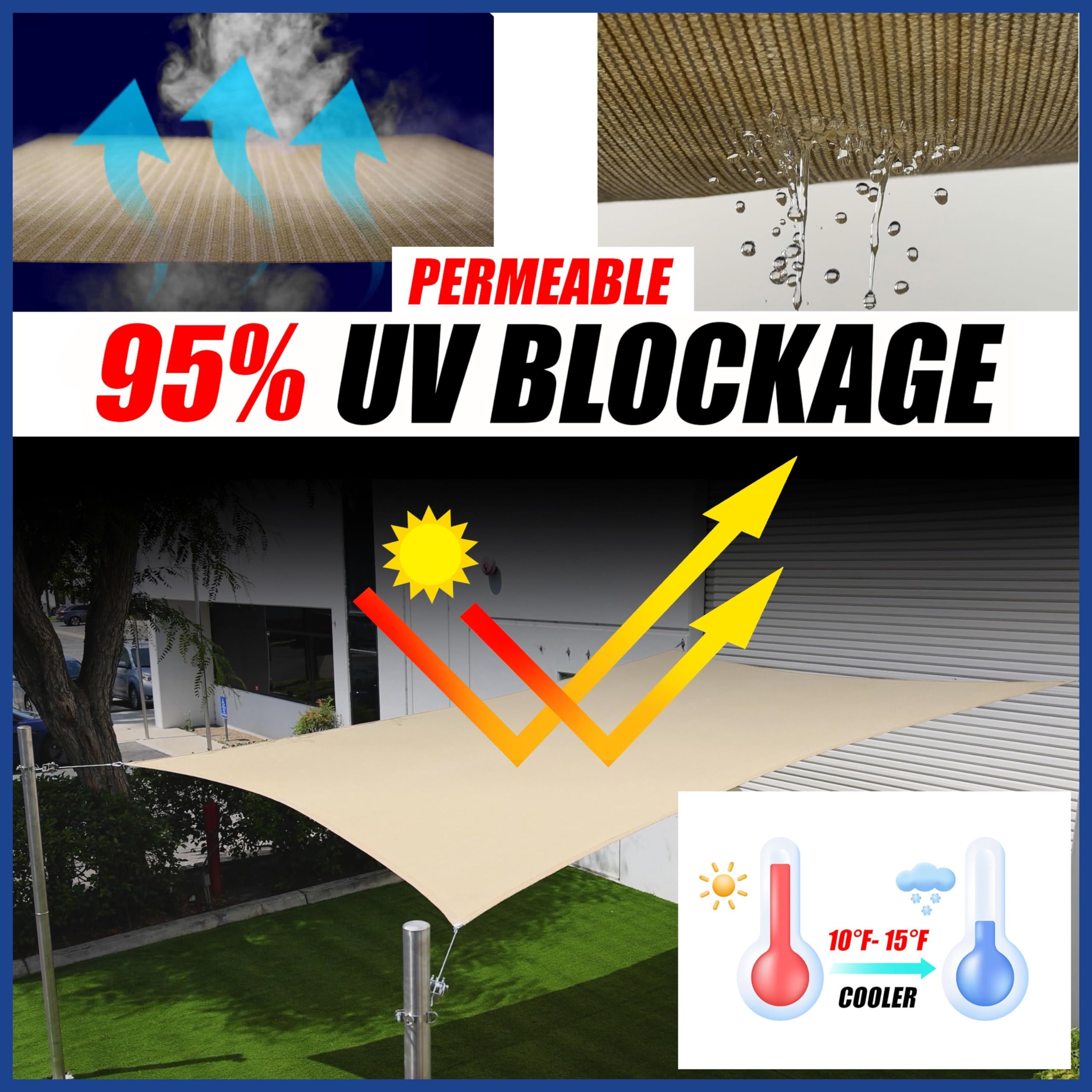 ShadeMart 16' x 16' x 16' Triangle Sun Shade Sail - UPF50+ UV Protection, Water & Air Permeable Canopy Fabric for Patio, Garden, Pool & Outdoor Shade - Heavy Duty & Custom Sizes Available