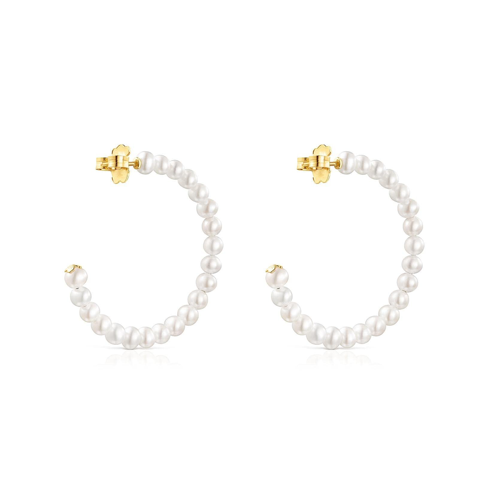TOUS Gloss Pearl Hoop Earrings for Women - 35mm Gold-Plated Pearl Studded Hoops - Elegant Jewelry Gift for Birthday, Anniversary & Special Occasions