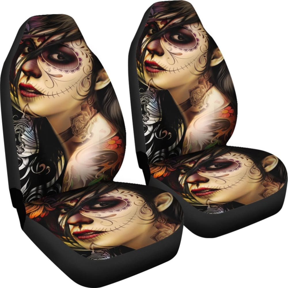 2 Pcs Sugar Skull Girl Car Seat Covers - Gothic Mexican Style Auto Accessories for Women, Universal Fit for Most Vehicles - Perfect for Halloween, Dia de Los Muertos & Car Decor
