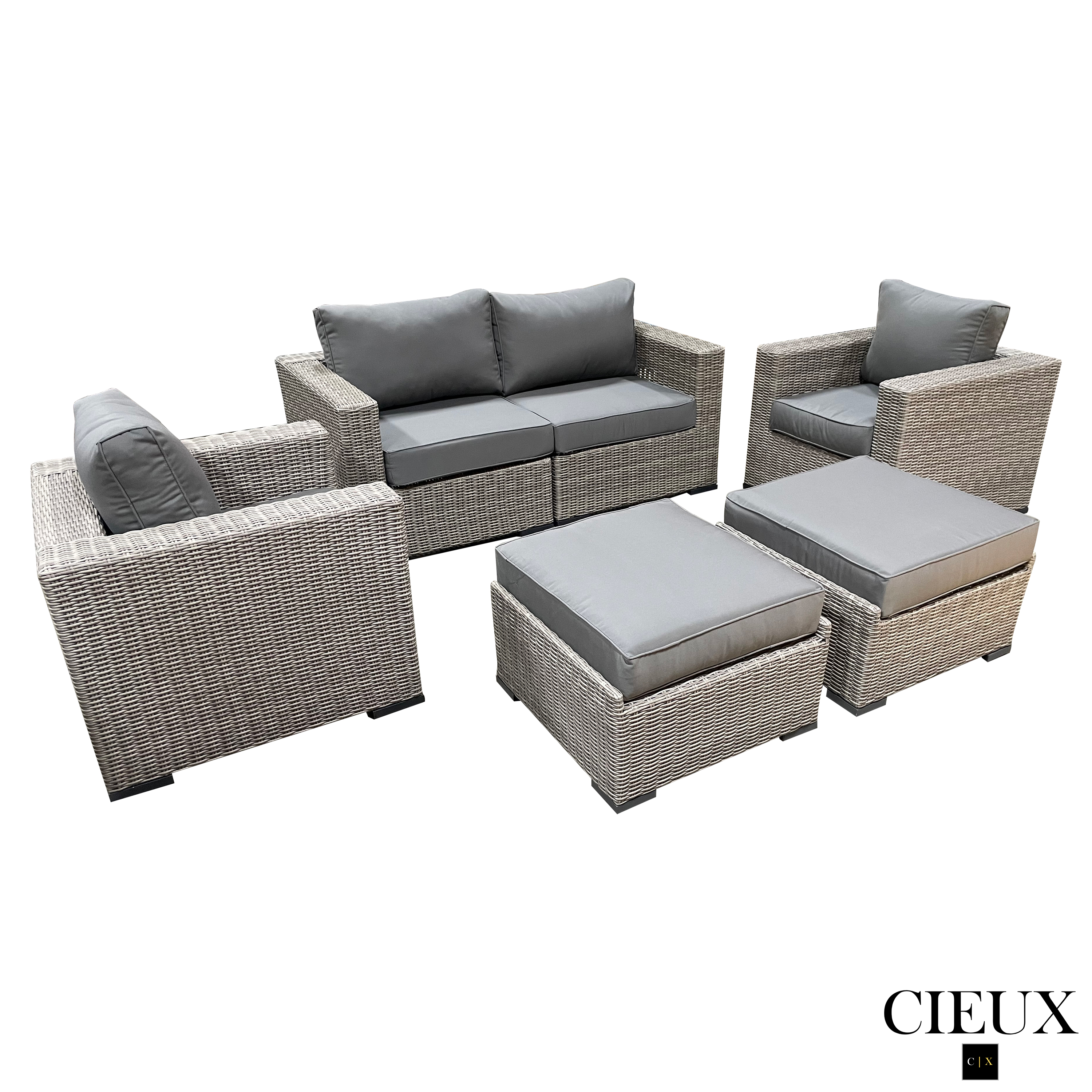 Riviera Outdoor Patio Wicker Loveseat Set - 2 Club Chairs & 2 Ottomans with Sunbrella Cushions in Grey & Charcoal | Perfect for Backyard, Garden, Poolside & Deck Relaxation